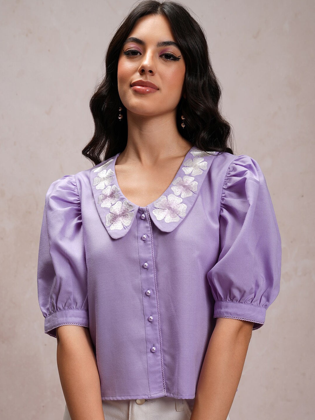 

Tokyo Talkies Club Collar Puff Sleeves Casual Shirt, Purple