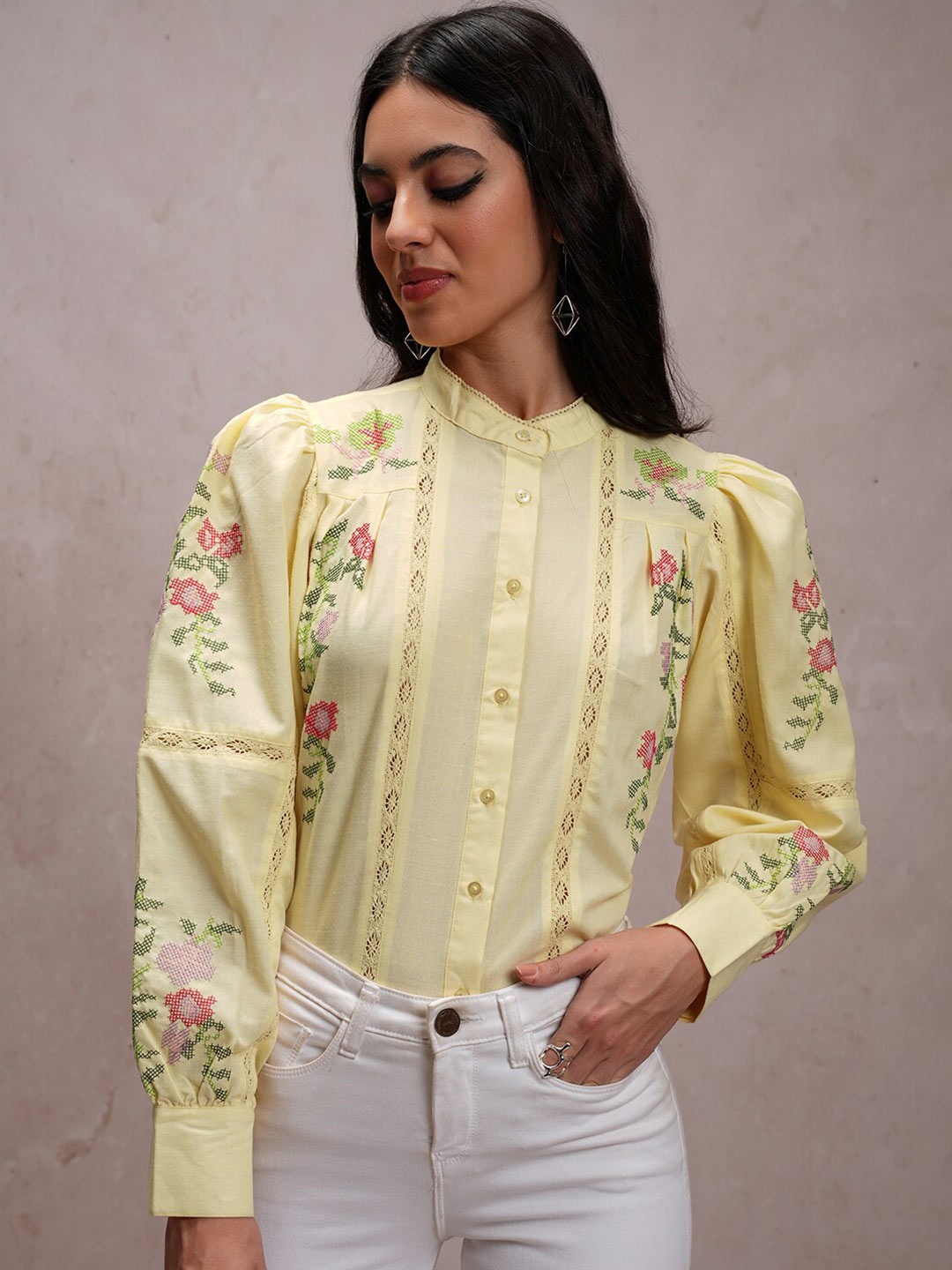 

Tokyo Talkies Yellow Floral Embroidered Mandarin Collar Casual Shirt