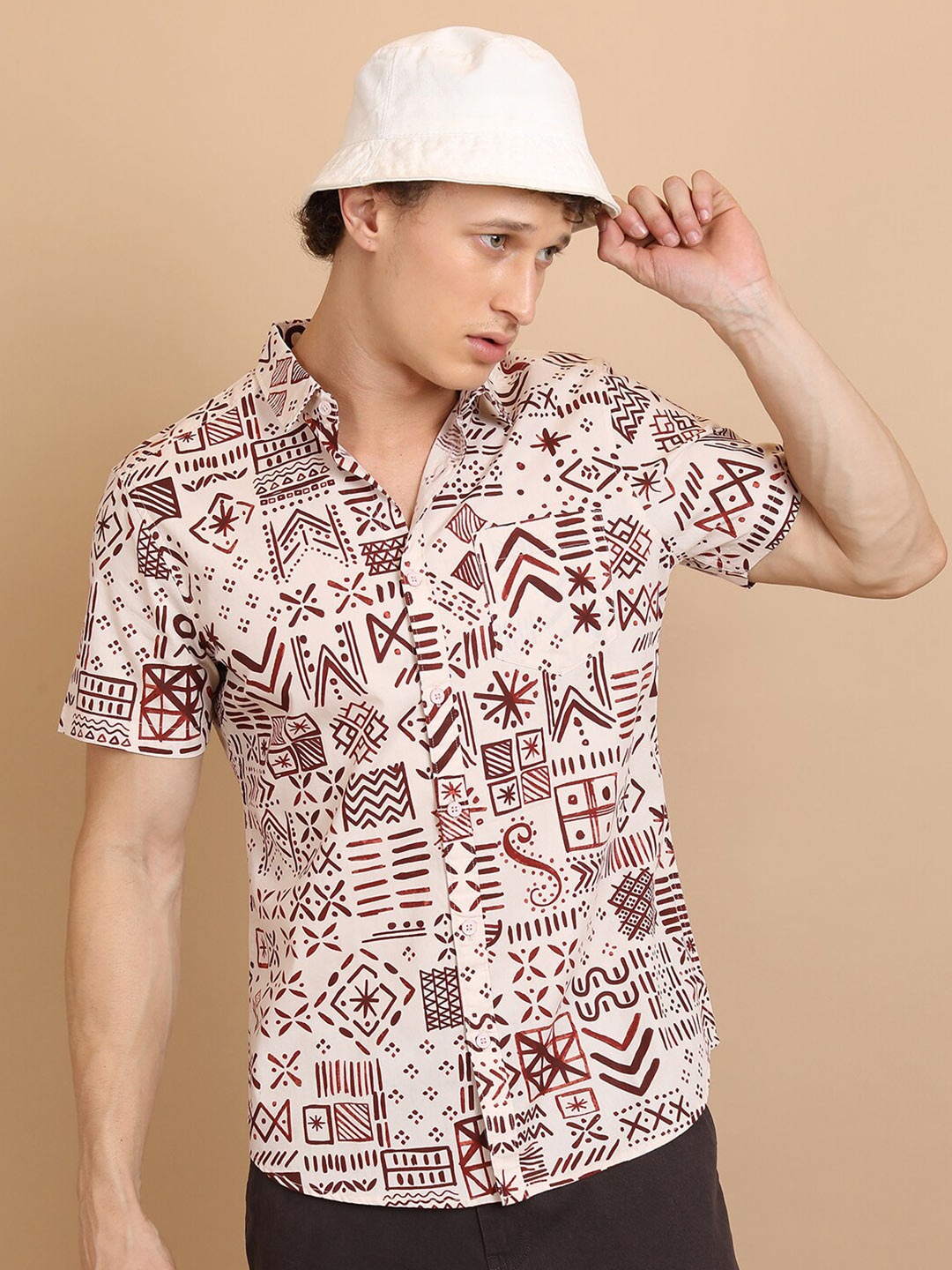 

KETCH Slim Fit Geometric Printed Cotton Casual Shirt, Peach