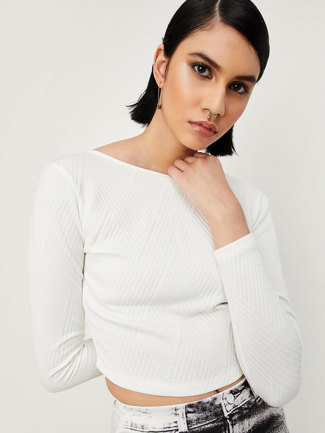 

max Self Design Boat Neck Crop Top, White