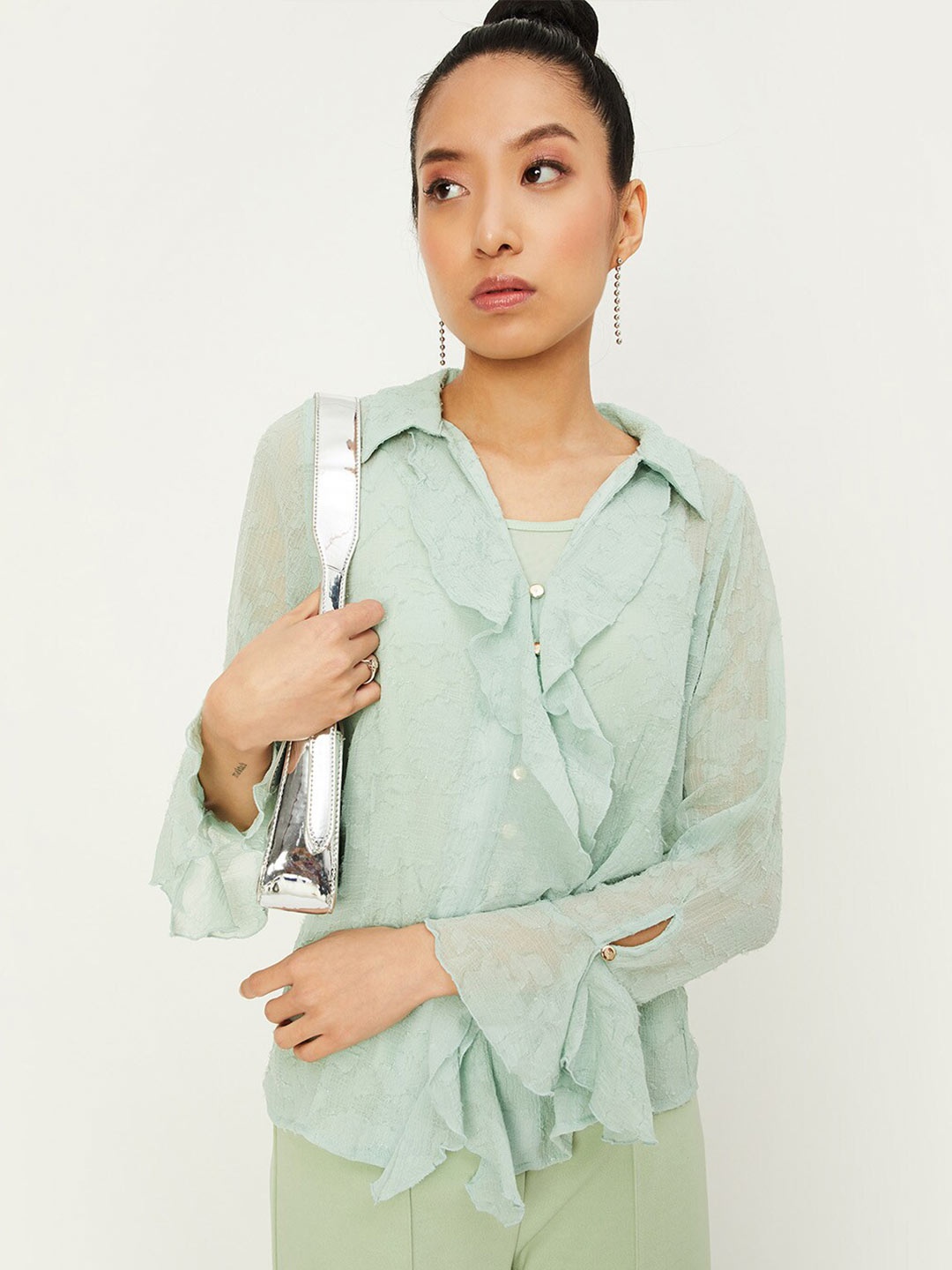 

max Self Design Shirt Collar Slit Sleeves Ruffles Shirt Style Top, Green