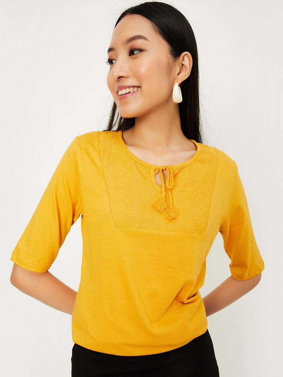 

max Self Design Tie-Up Neck Pure Cotton Top, Yellow