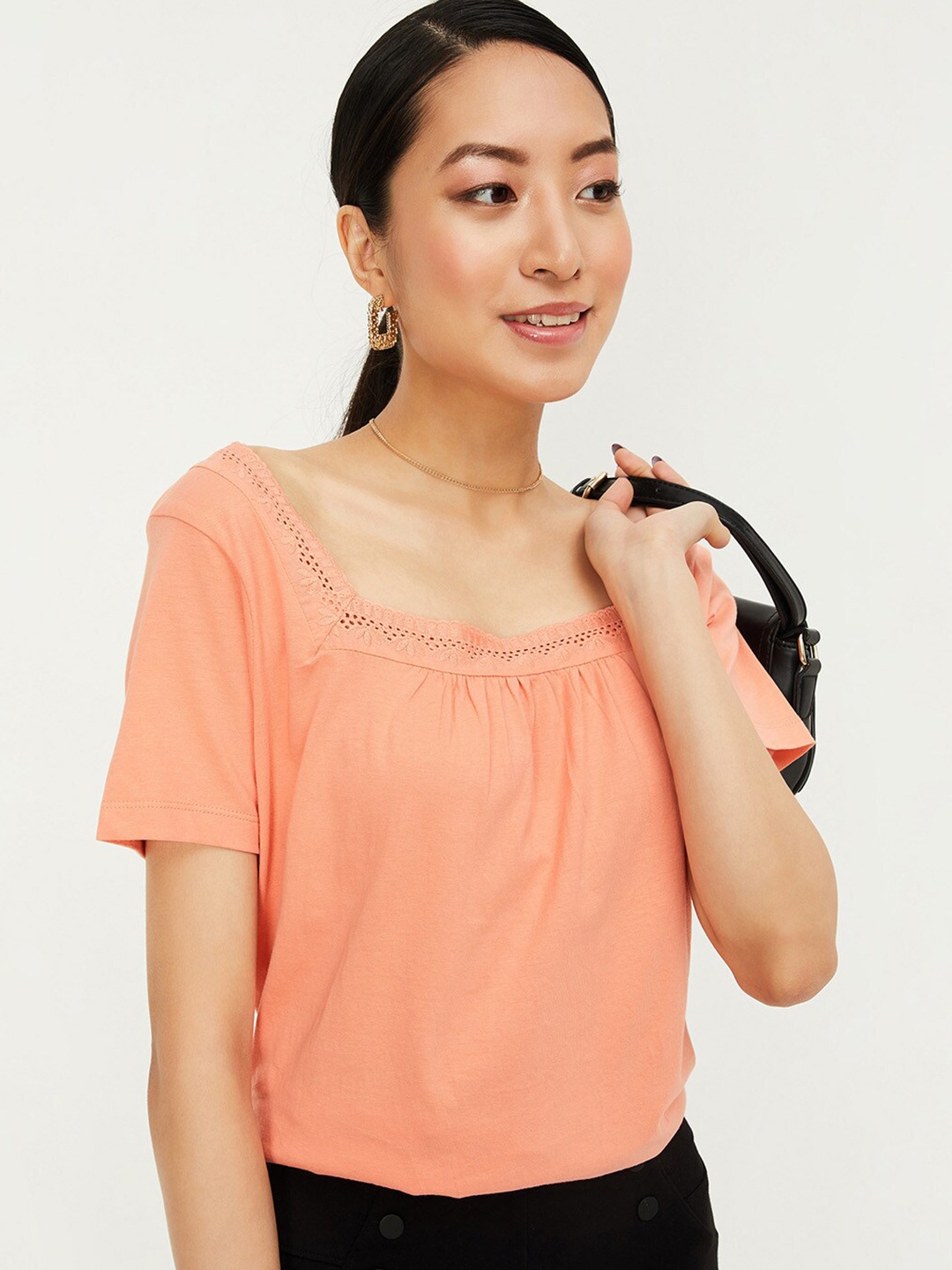 

max Square Neck Lace Up Cotton Top, Orange