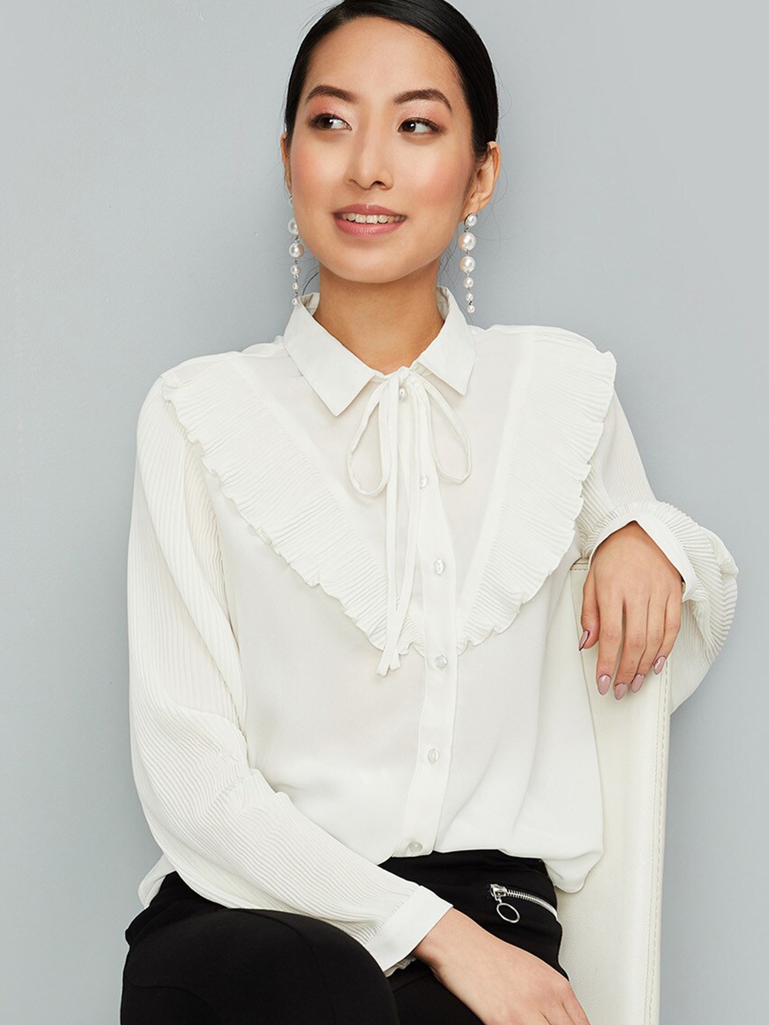 

max Tie-Up Neck Ruffled Shirt Style Top, White