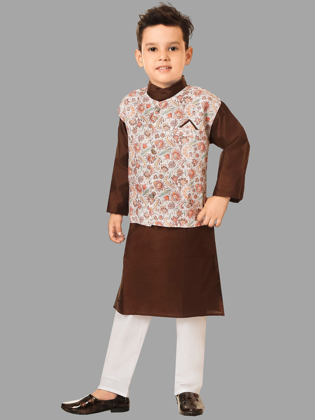

BAESD Infant Boys Band Collar Kurta with Pyjamas And Printed Waistcoat, Brown