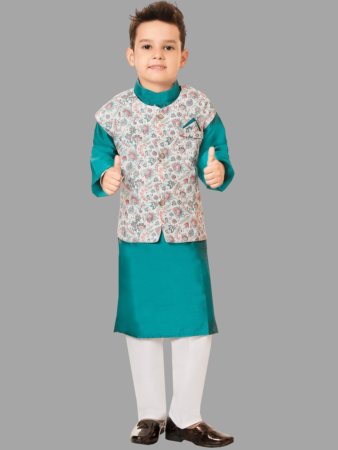 

BAESD Infant Boys Band Collar Kurta with Pyjamas And Printed Waistcoat, Teal