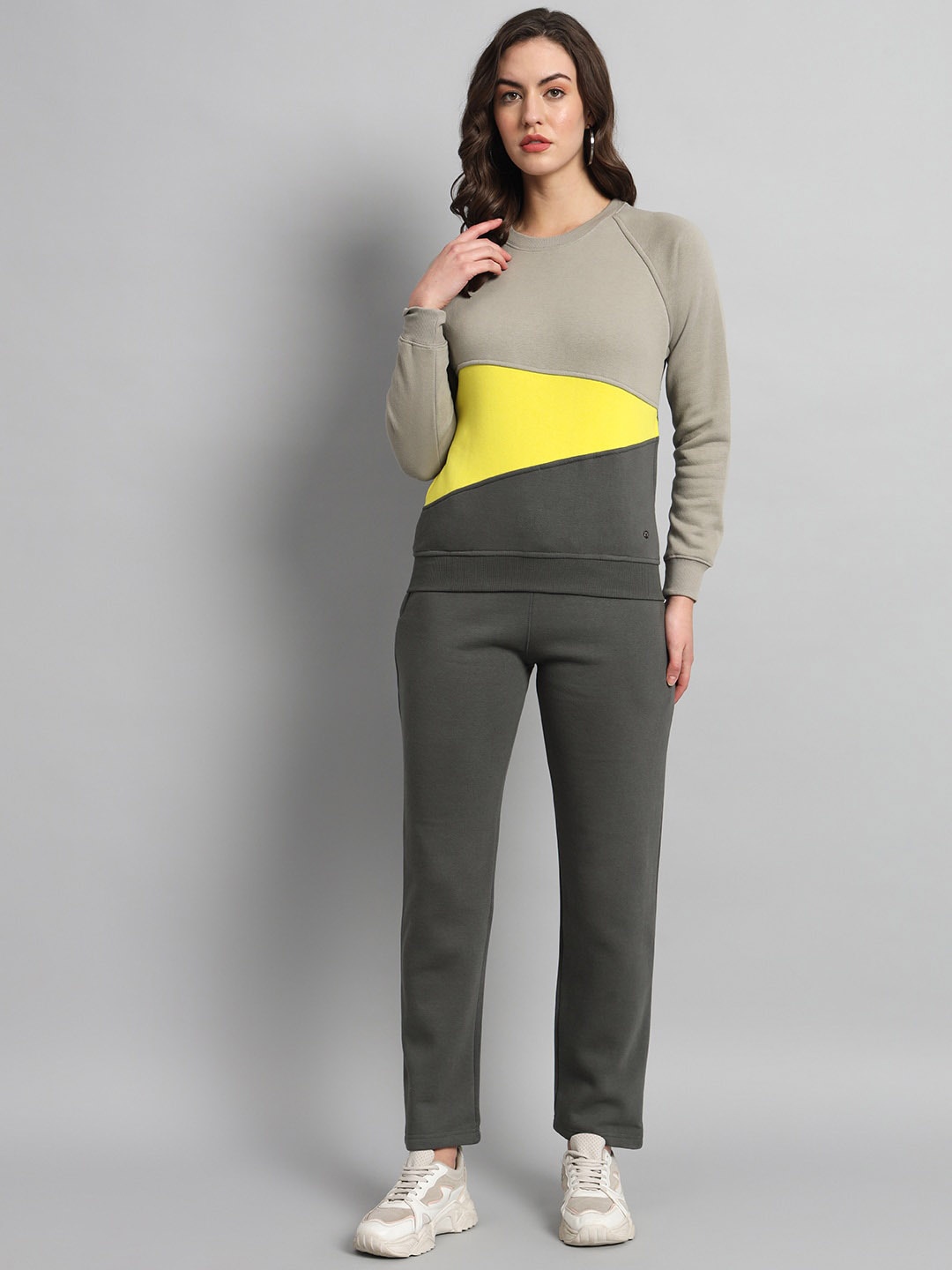 

ANTI CULTURE Women Colourblocked Mid-Rise Fleece Tracksuits, Grey