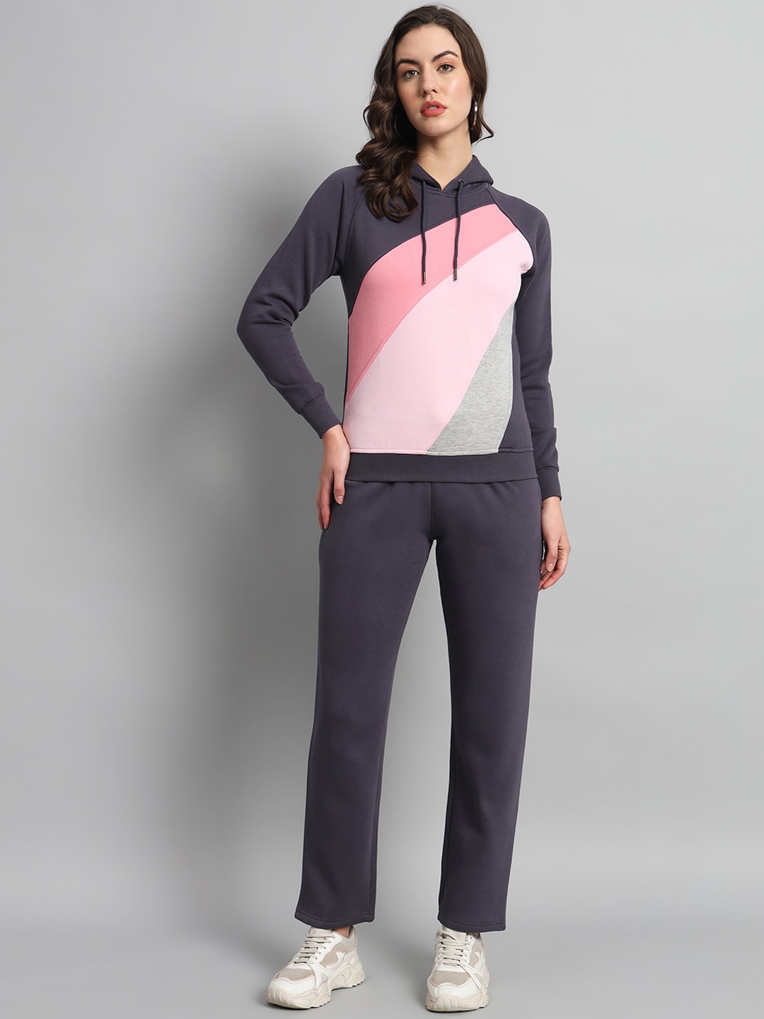 

ANTI CULTURE Women Colourblocked Mid-Rise Fleece Tracksuits, Grey