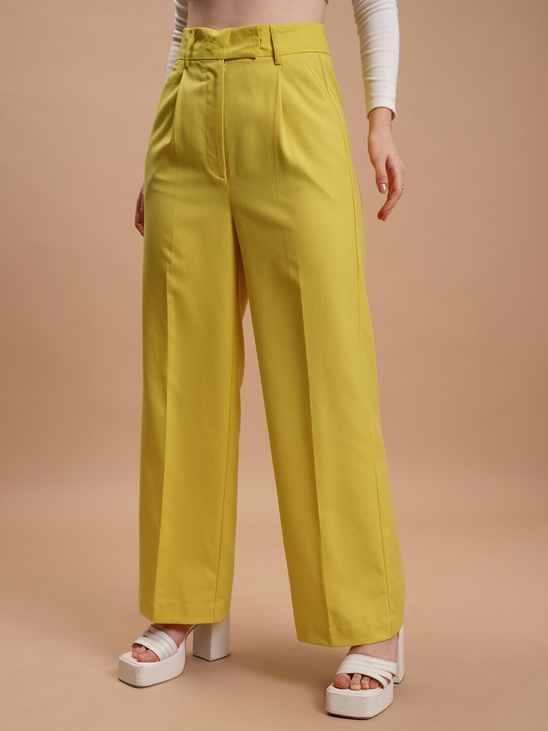 

CHIC BY TOKYO TALKIES Women Yellow Pleated Flared Trousers