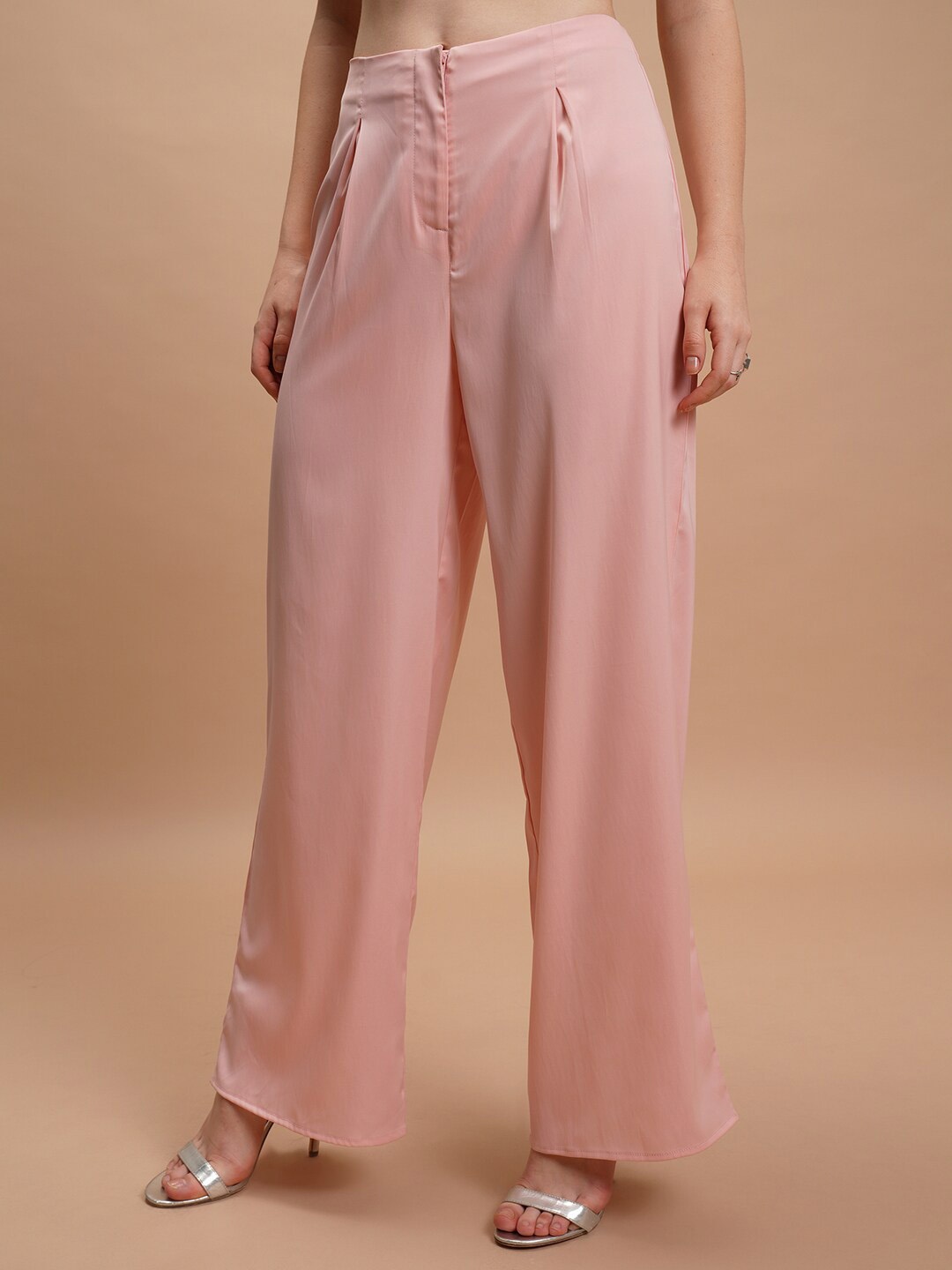 

Tokyo Talkies Women Pink Flared Mid-Rise Pleated Trousers