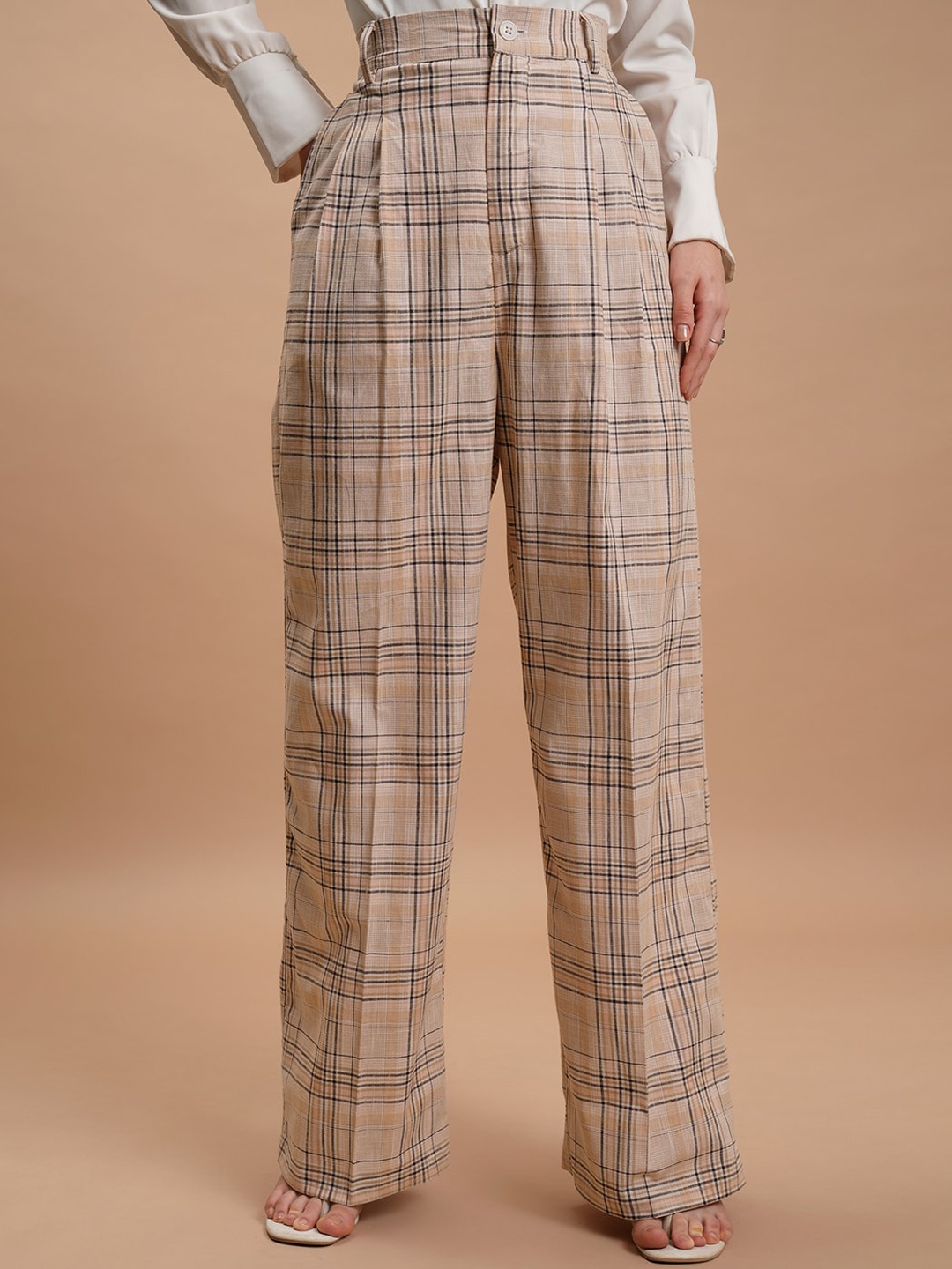 

Tokyo Talkies Women Beige Checked Flared Trousers