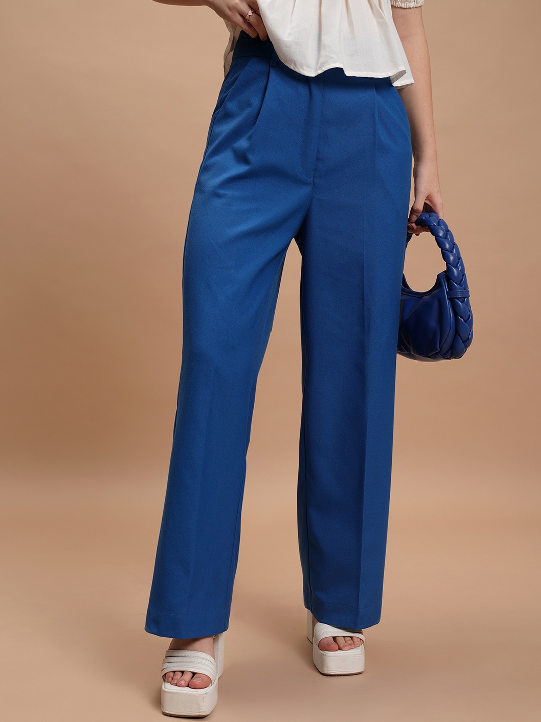 

CHIC BY TOKYO TALKIES Women Blue Mid-Rise Flared Trousers