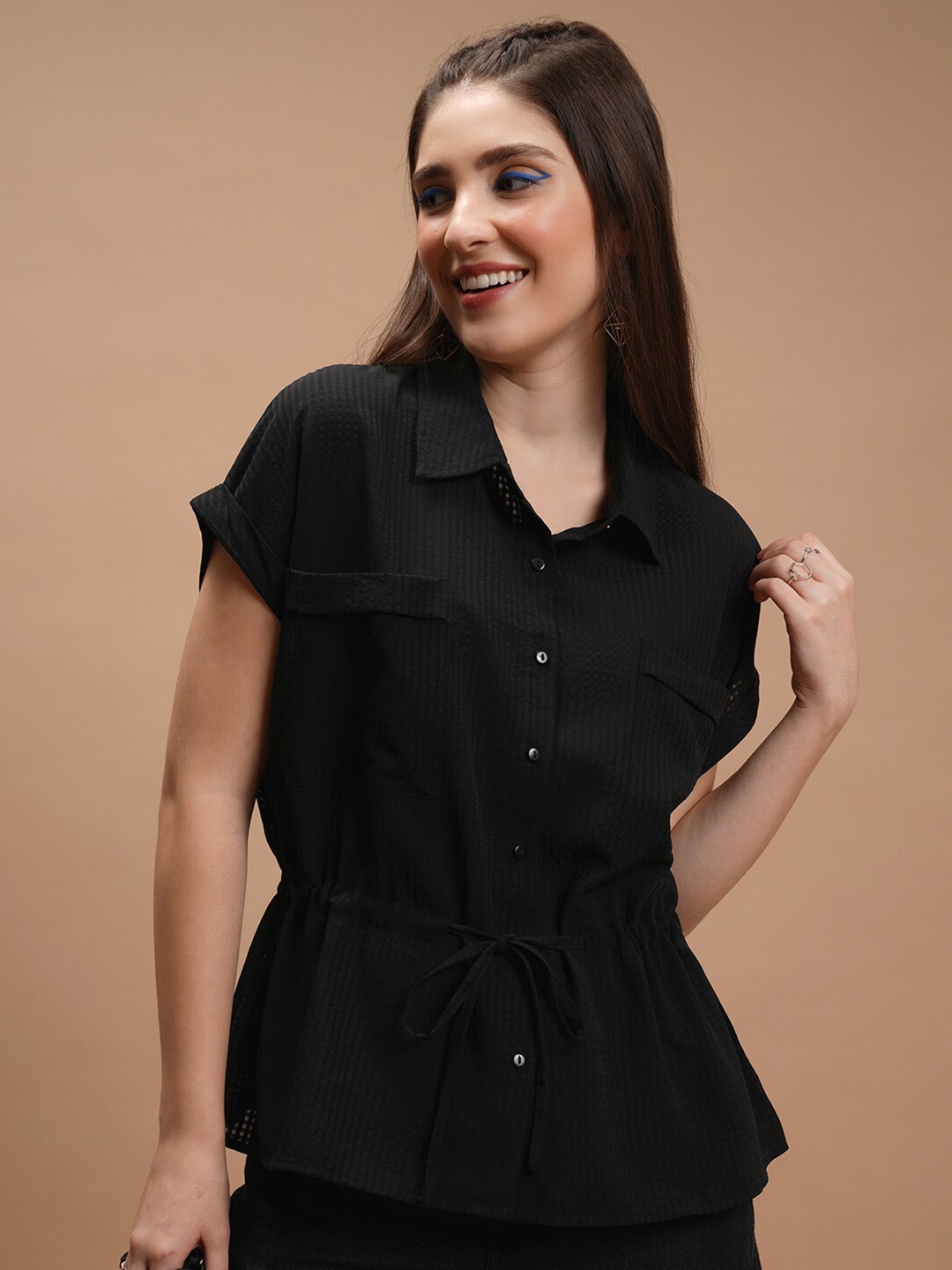 

Tokyo Talkies Black Striped Extended Sleeves Tie Ups Shirt Style Top