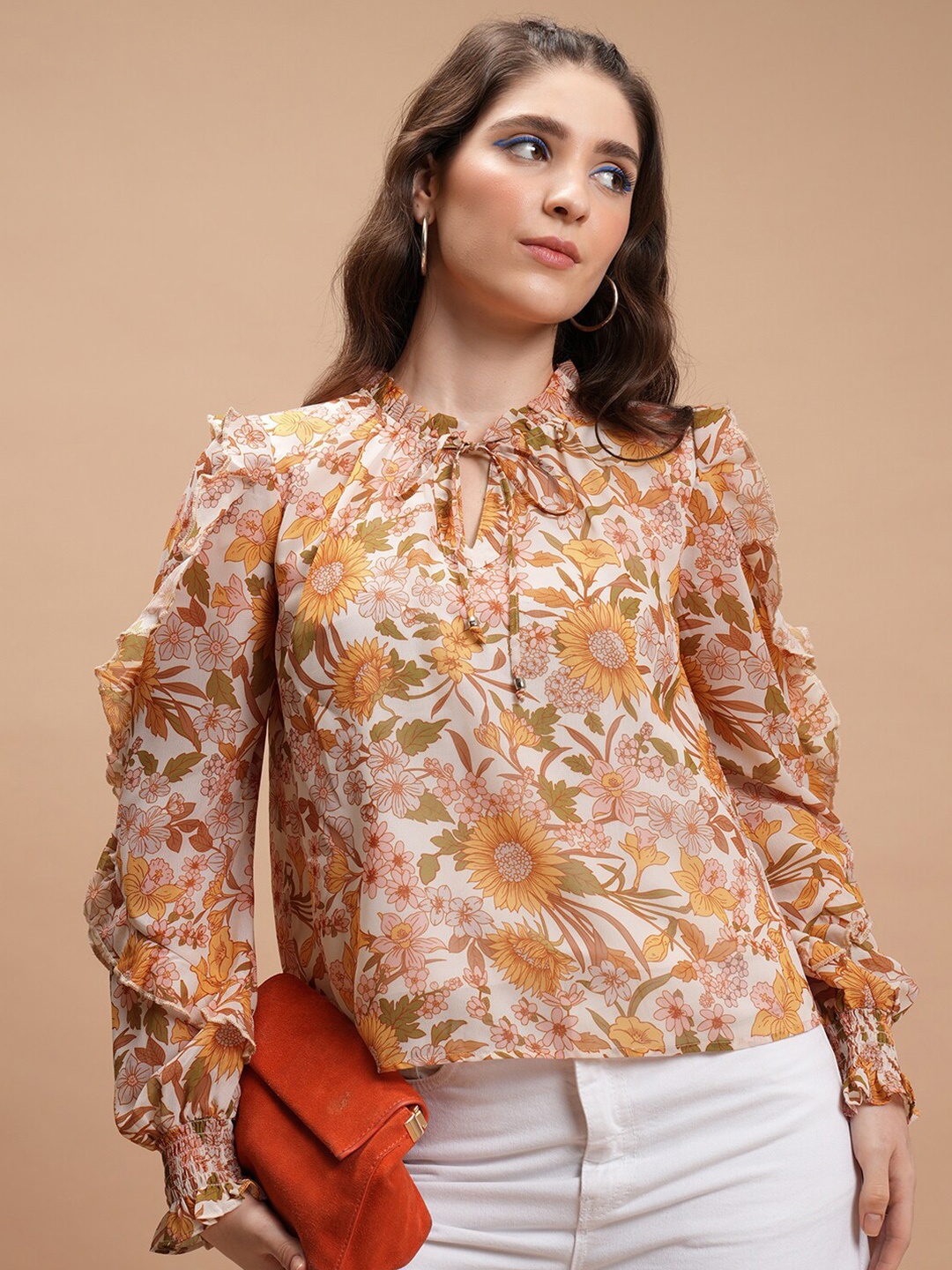 

Tokyo Talkies Yellow Floral Print Tie-Up Neck Ruffled Cuffed Sleeves Blouson Top