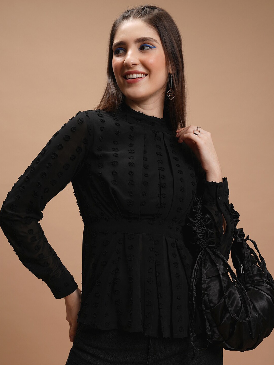 

Tokyo Talkies Black Self Design High Neck Peplum Top