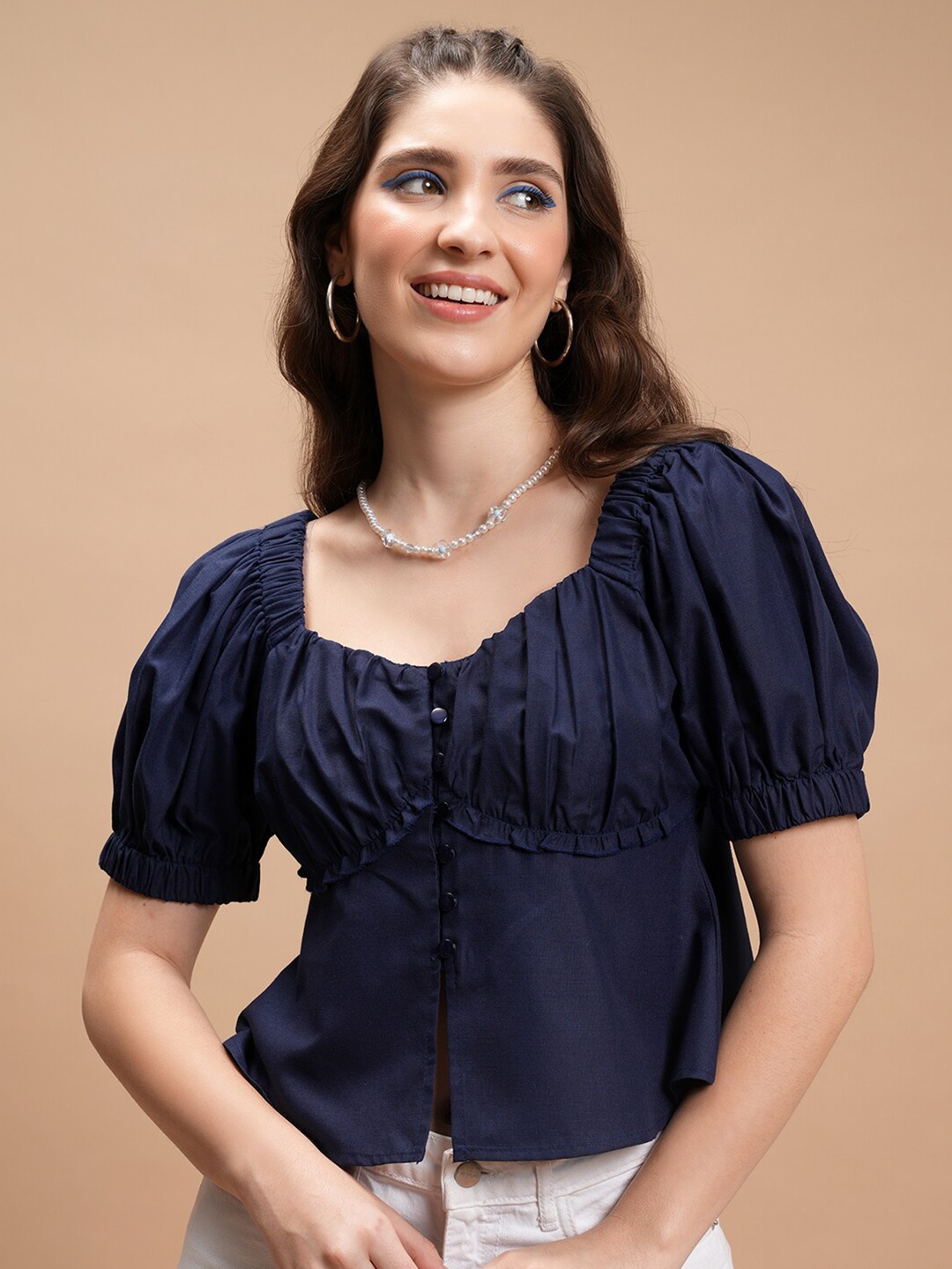 

Tokyo Talkies Navy Blue Sweetheart Neck Peplum Top