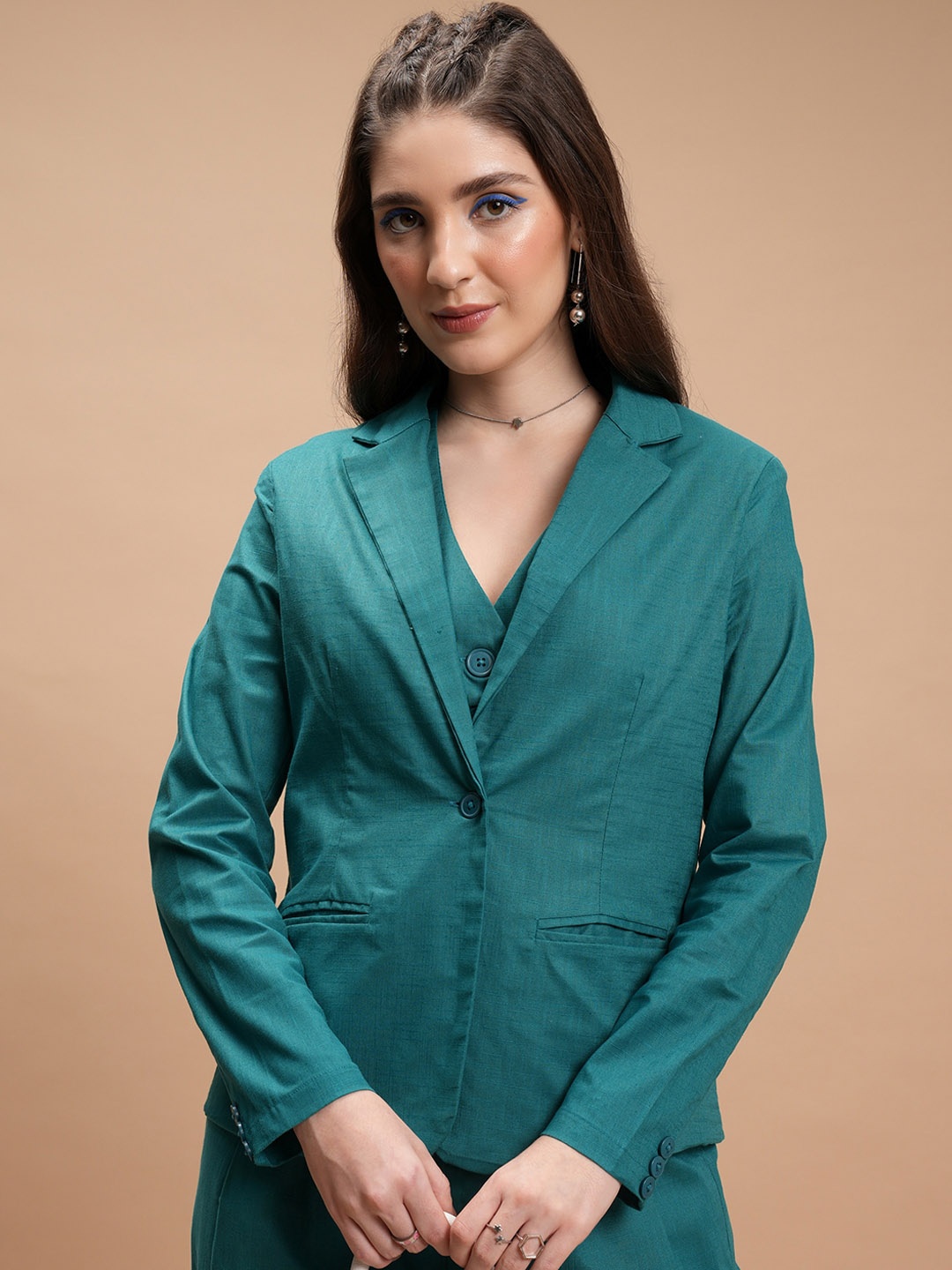 

CHIC BY TOKYO TALKIES Teal Green Notched Lapel Single-Breasted Blazers