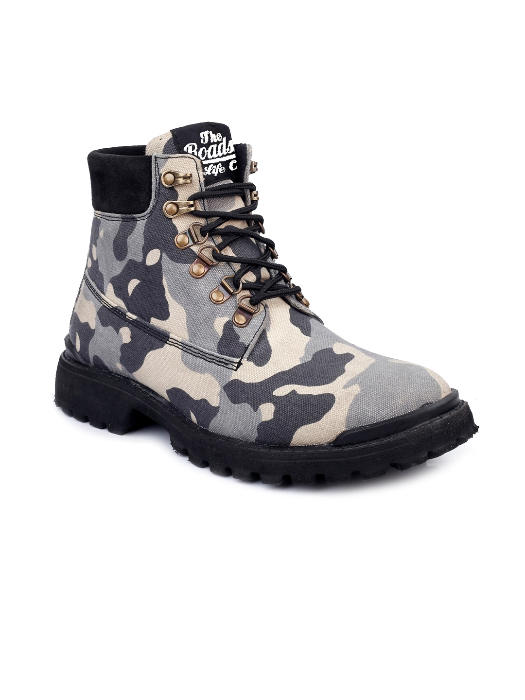 

The Roadster Lifestyle Co. Men Black & Cream Mid Top Printed Textile Regular Boots