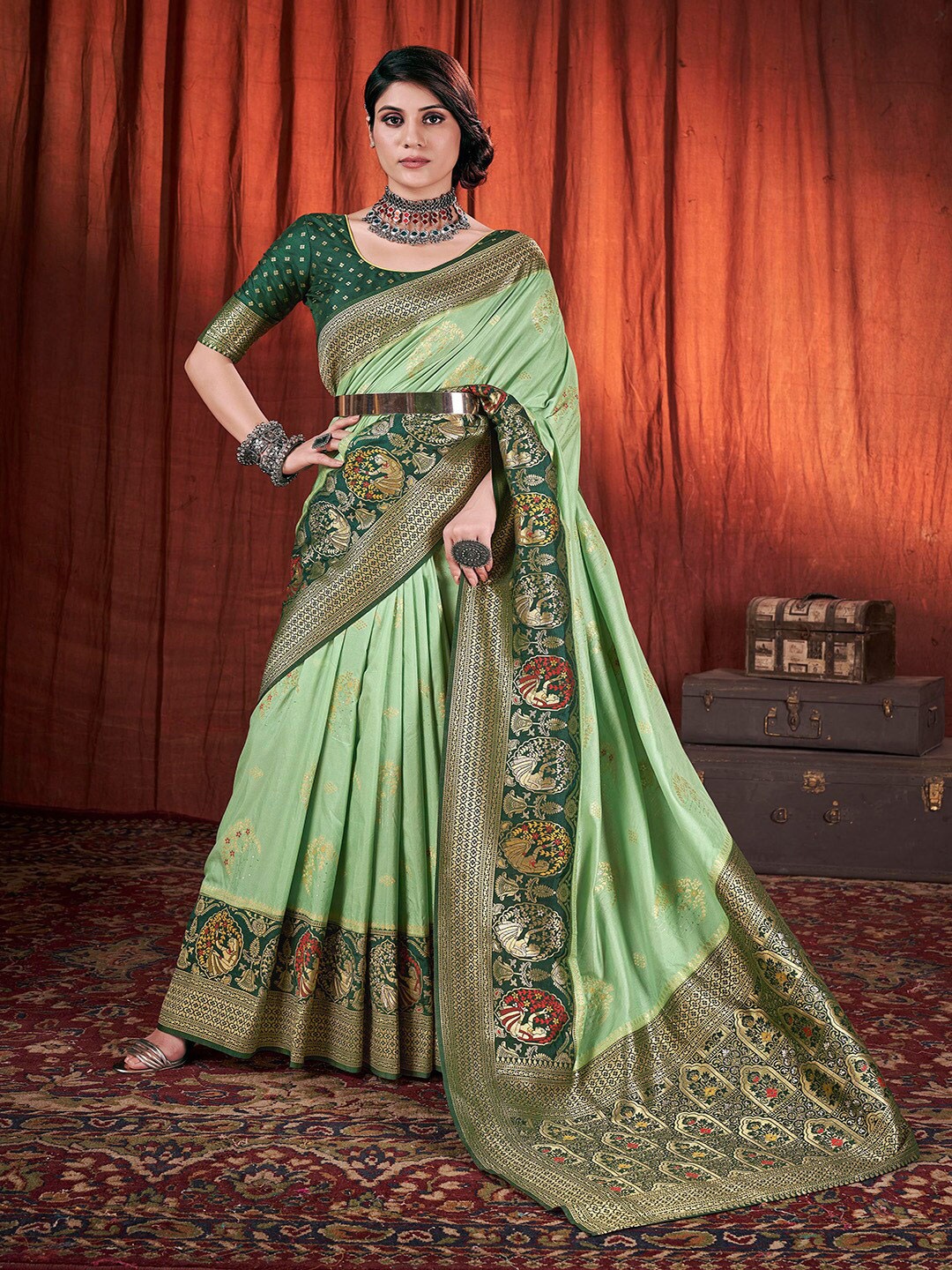 

Kalapushpi Lime Green and GoldToned Zari Weaving Silk Banarasi Saree