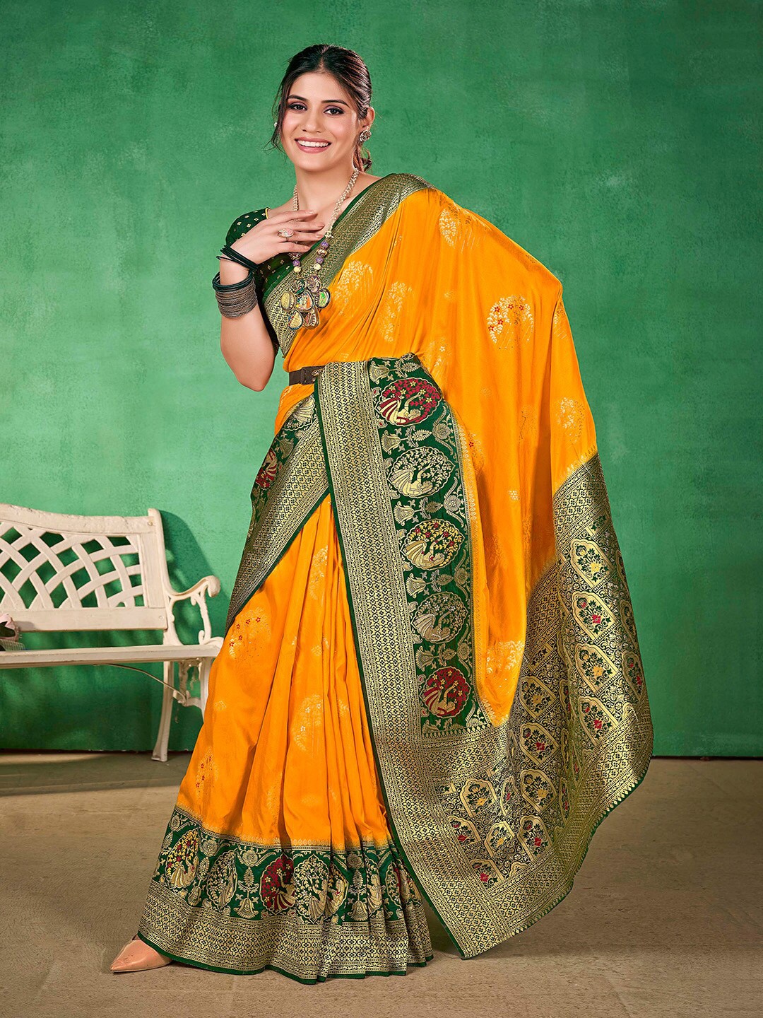 

Kalapushpi Yellow Silk Blend Banarasi Saree