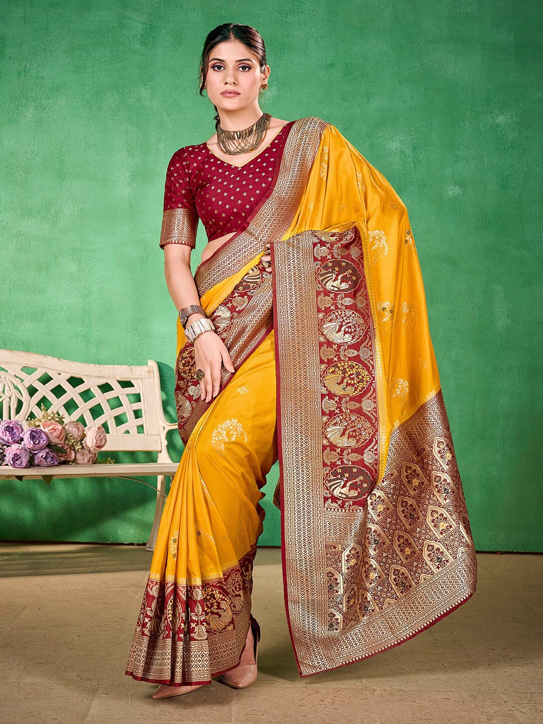 

Kalapushpi Yellow and Red Silk Zari Weaving Banarasi Saree
