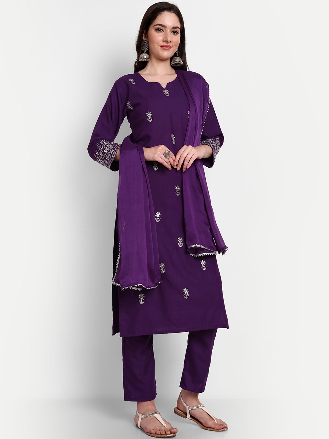 

J.KANJI Ethnic Motifs Embroidered Straight Kurta with Trousers & Dupatta, Purple