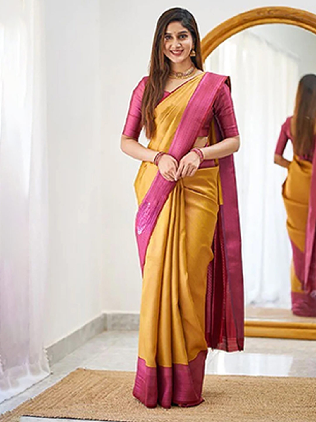 

Anjaneya Sarees Woven Design Zari Designer Kanjeevaram Saree, Yellow