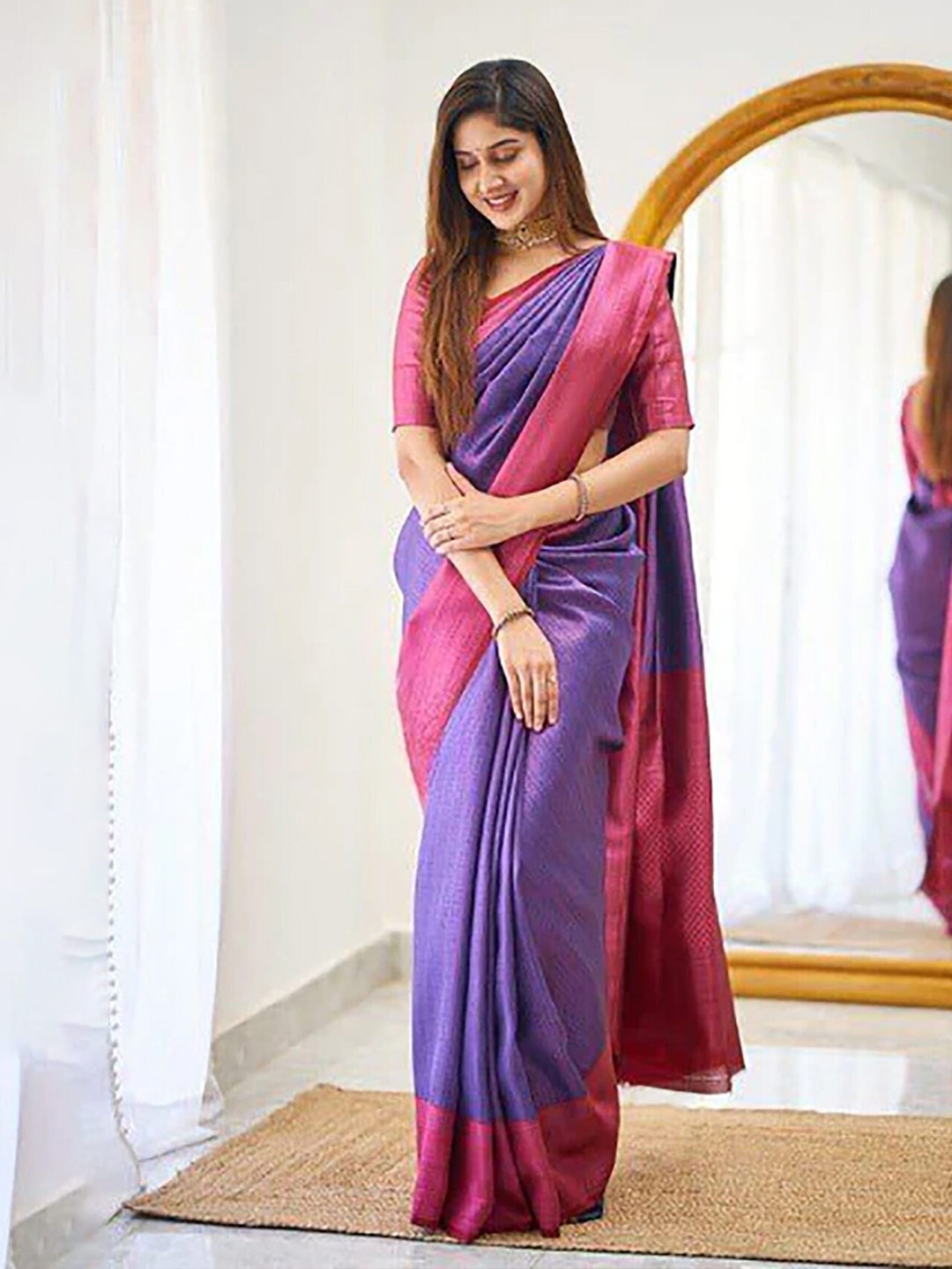 

Anjaneya Sarees Woven Design Ethnic Motifs Zari Designer Kanjeevaram Saree, Purple