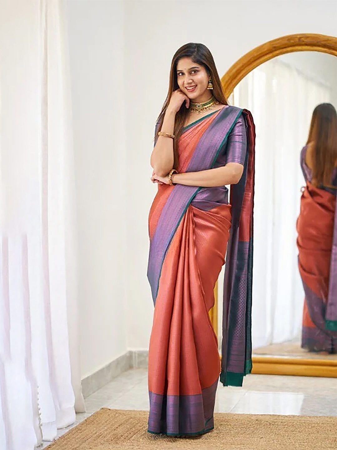 

Anjaneya Sarees Woven Design Zari Designer Kanjeevaram Saree, Peach