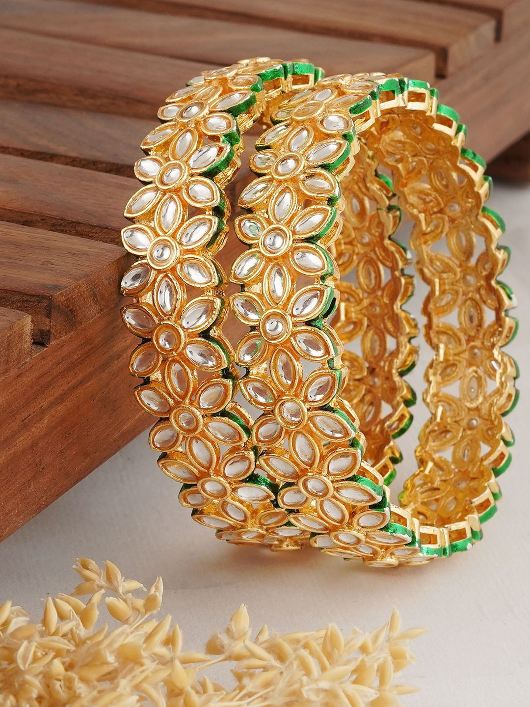 

MANSIYAORANGE Set Of 2 Gold-Plated Kundan-Studded Meenakari Bangles