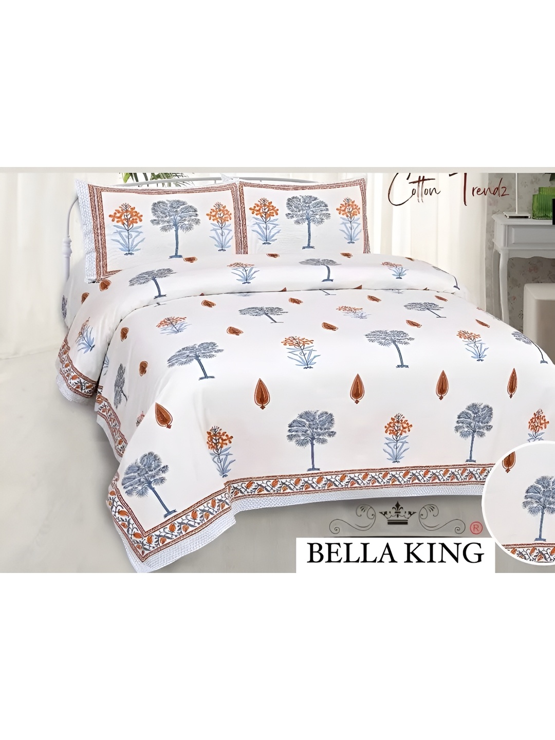 

Bedbathandbliss White & Brown Floral Cotton 300 TC King Bedsheet With 2 Pillow Covers