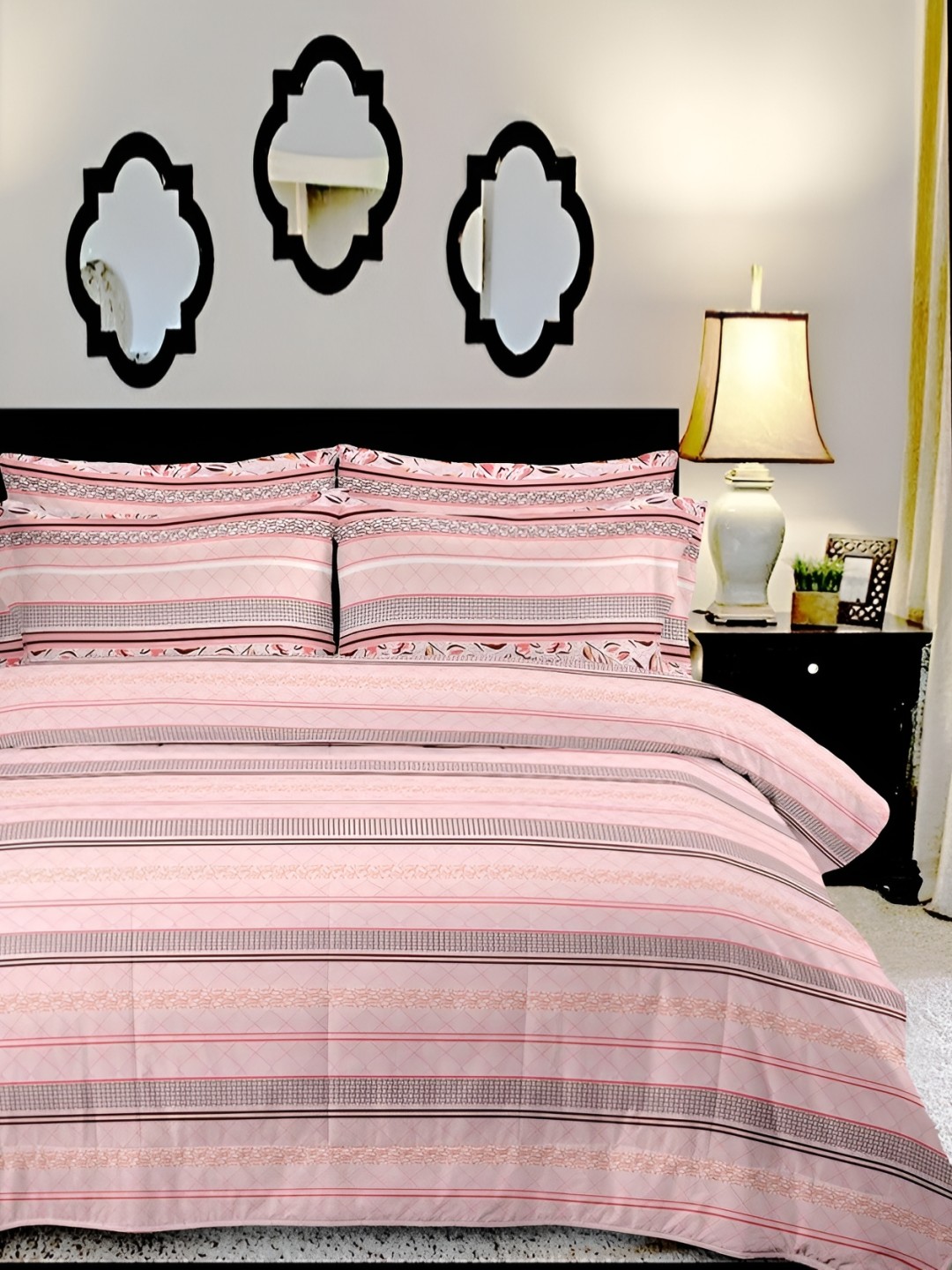 

Bedbathandbliss Pink Striped 300 TC Cotton Super King Bedsheet with 2 Pillow Covers