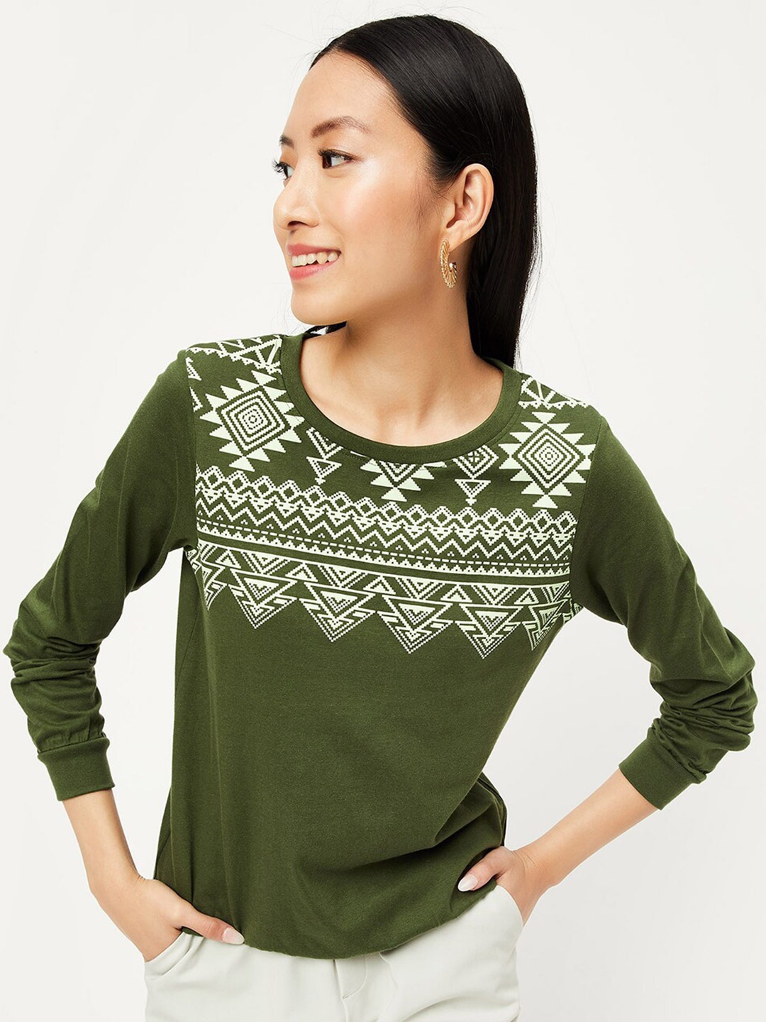 

max Tribal Printed Pure Cotton T-shirt, Olive