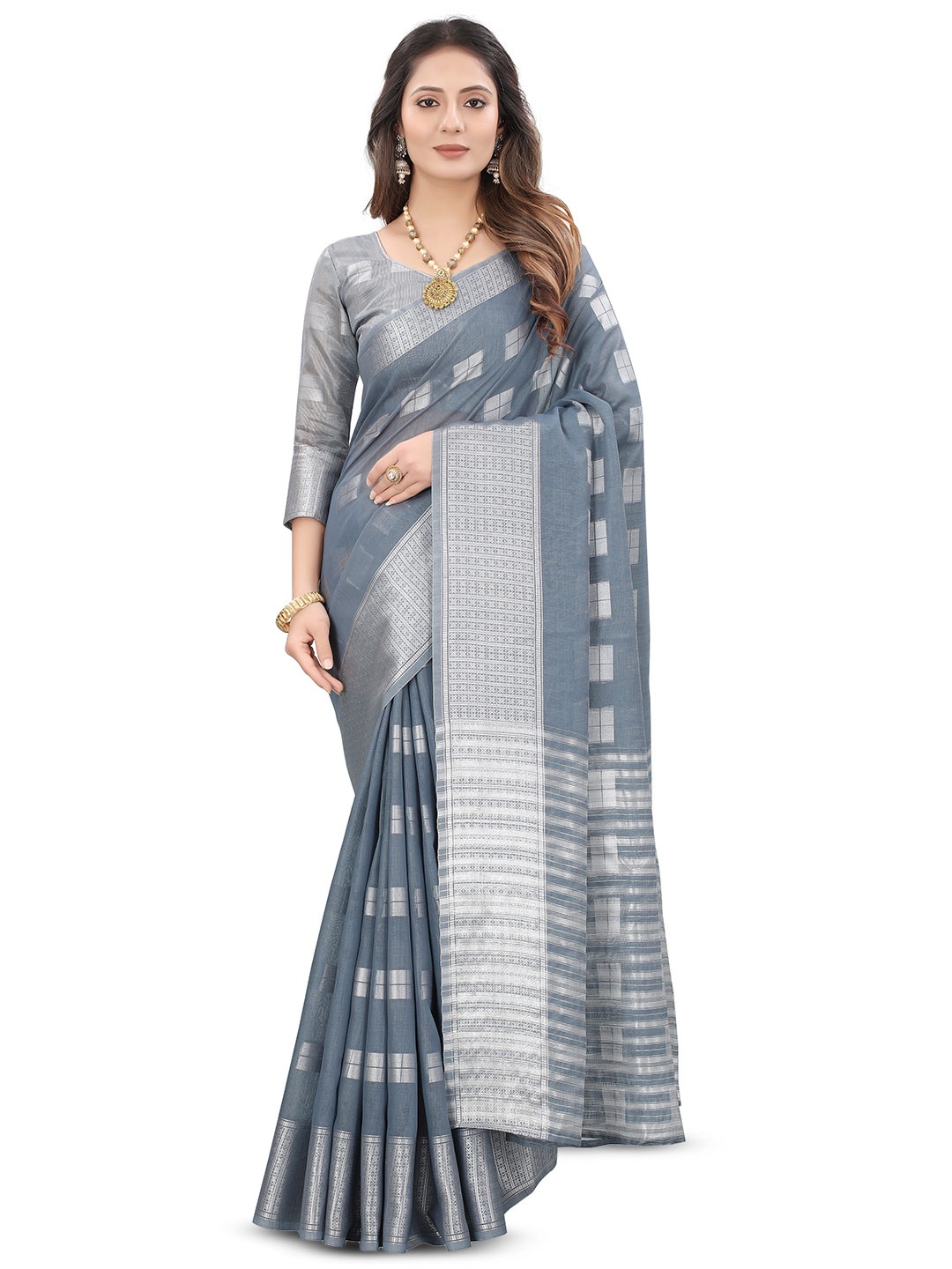 

MOLTIRA Geometric Woven Design Zari Pure Linen Arani Saree, Grey