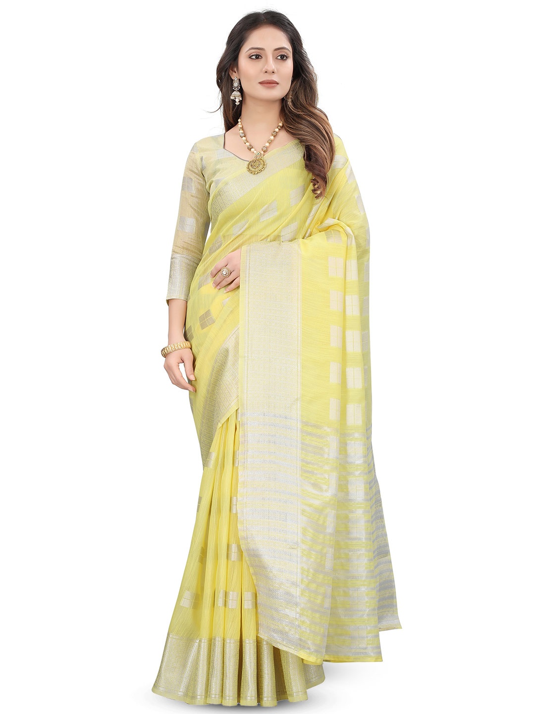 

MOLTIRA Geometric Woven Design Zari Pure Linen Arani Saree, Yellow