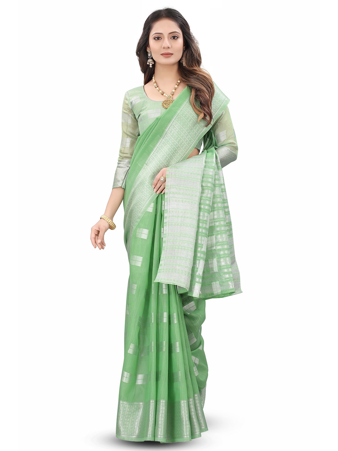 

MOLTIRA Ethnic Motifs Woven Design Zari Pure Linen Arani Saree, Green