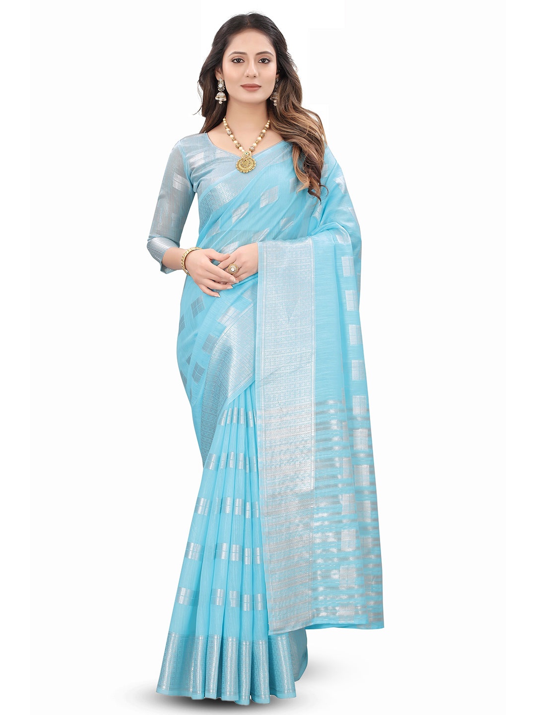 

MOLTIRA Ethnic Motifs Woven Design Zari Detail Pure Linen Saree, Blue