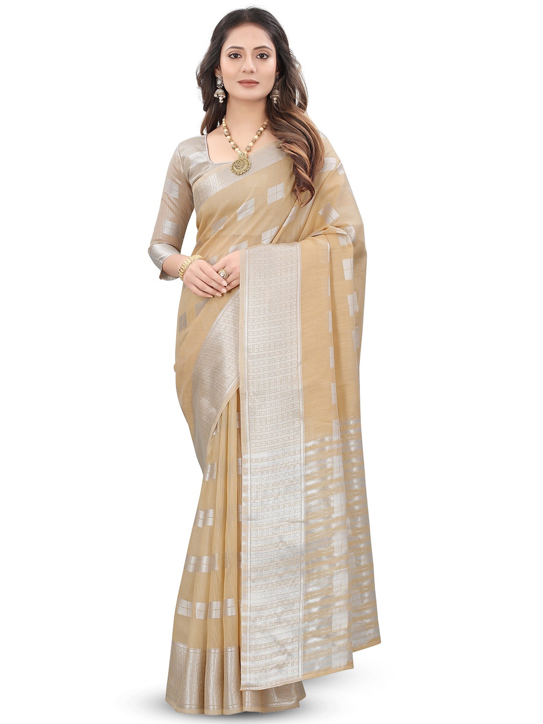 

MOLTIRA Ethnic Motifs Woven Design Zari Detail Pure Linen Saree, Cream