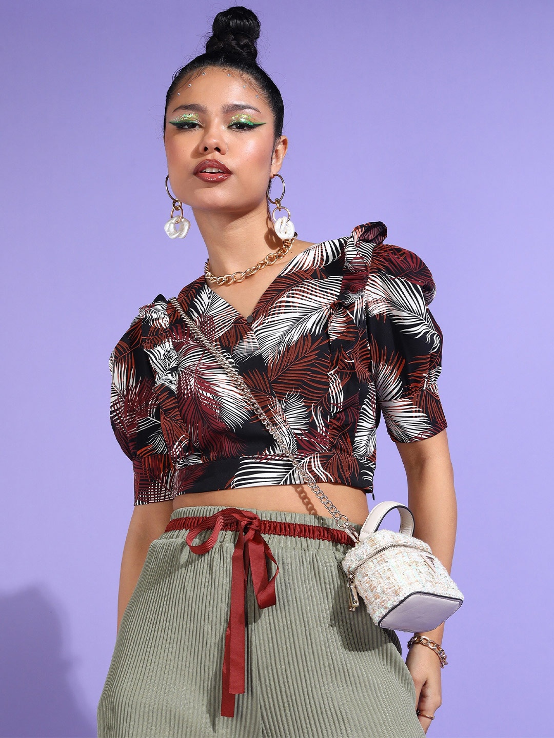 

SHECZZAR Tropical Printed Puff Sleeves Crop Top, Brown