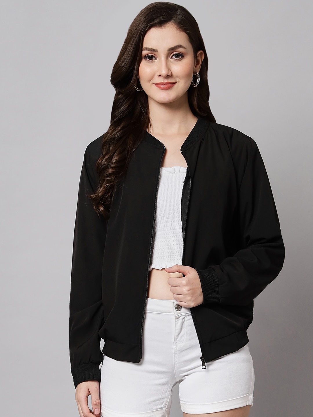 

Funday Fashion Stand Collar Bomber Jacket, Black