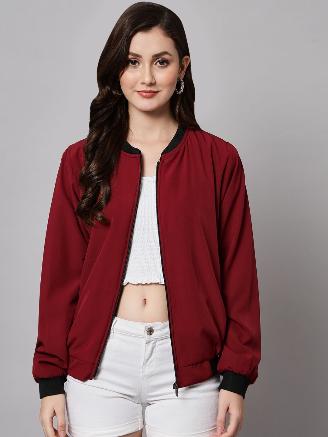 

Funday Fashion Collarless Bomber Jacket, Maroon