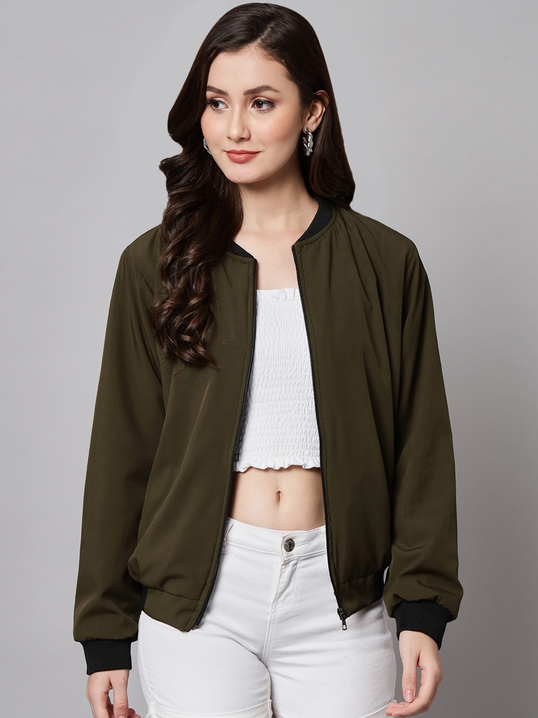 

Funday Fashion Mock Collar Bomber Jacket, Olive
