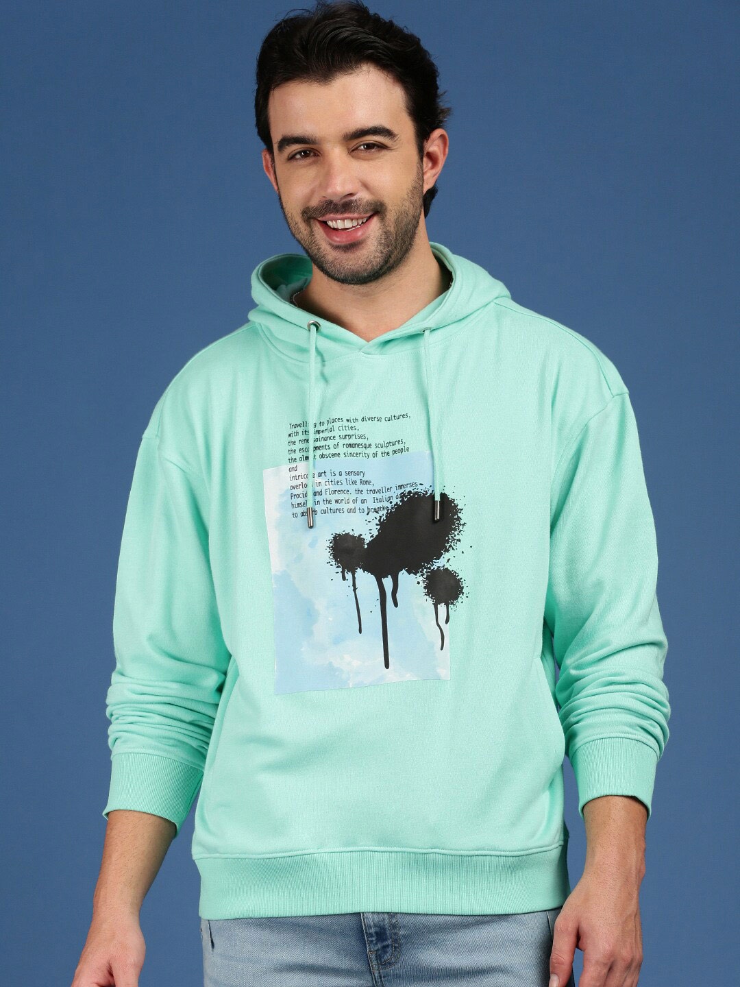 

Mast & Harbour Graphic Printed Hooded Drop Shoulder Sleeves Cotton Sweatshirt, Green