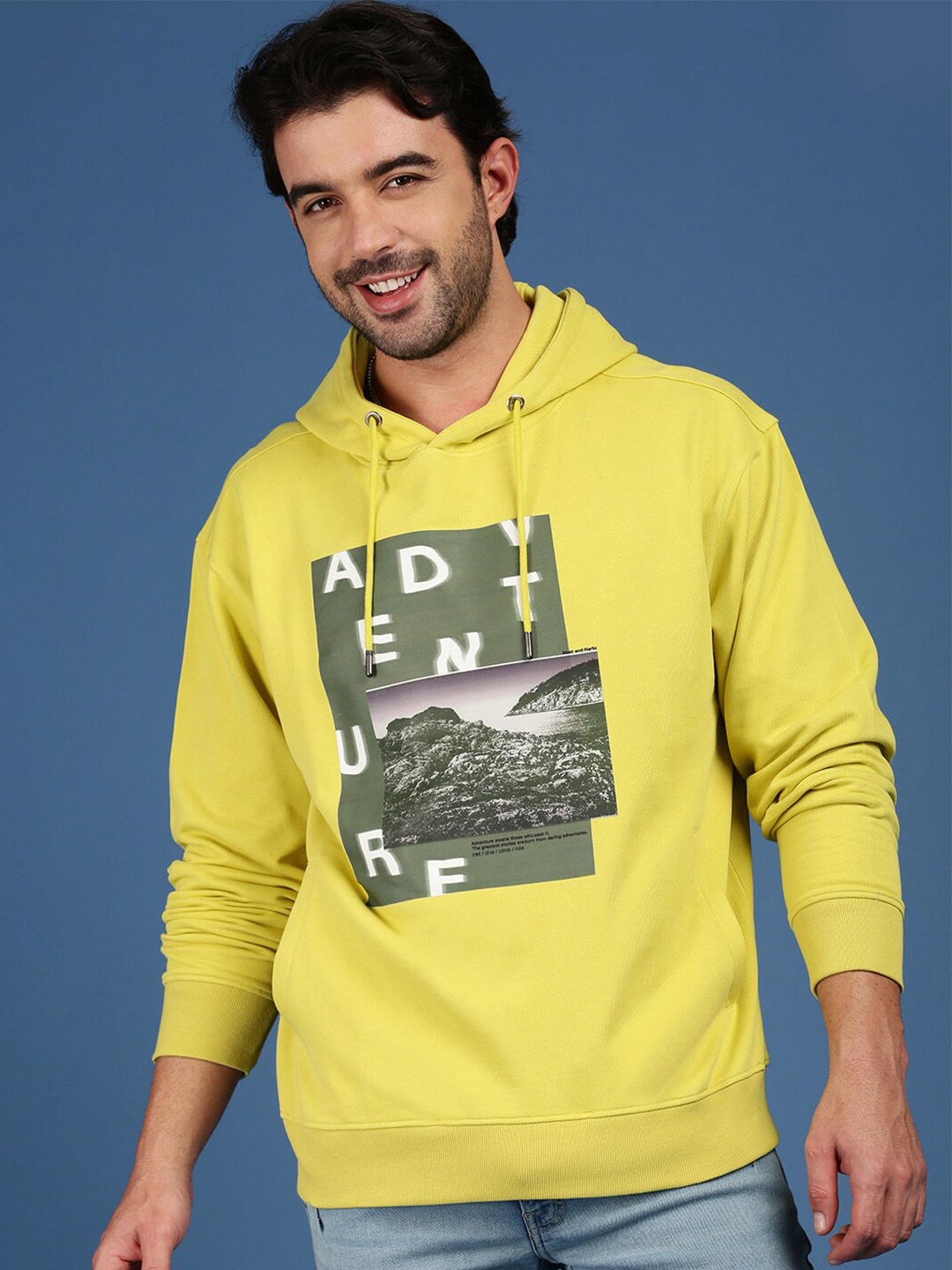 

Mast & Harbour Graphic Printed Hooded Drop Shoulder Sleeves Cotton Sweatshirt, Yellow