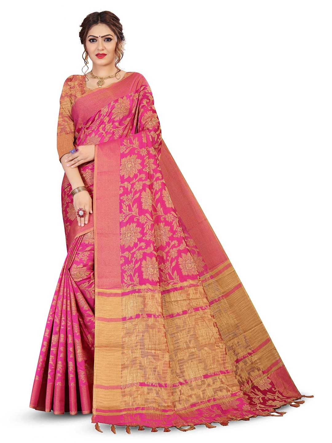 

MOLTIRA Ethnic Motifs Woven Design Zari Detail Pure Cotton Kanjeevaram Saree, Pink