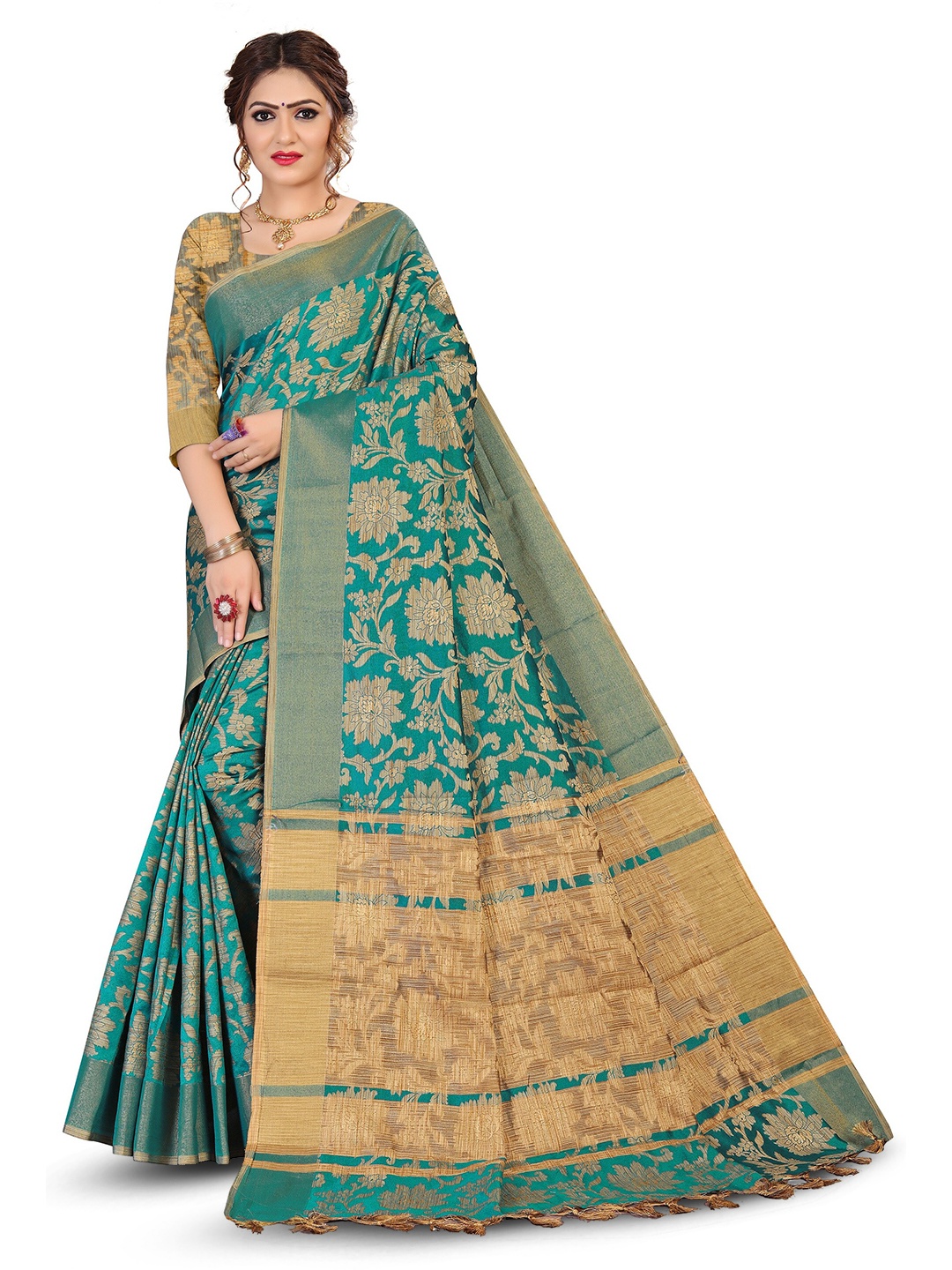 

MOLTIRA Ethnic Motifs Woven Design Zari Detail Pure Cotton Kanjeevaram Saree, Sea green