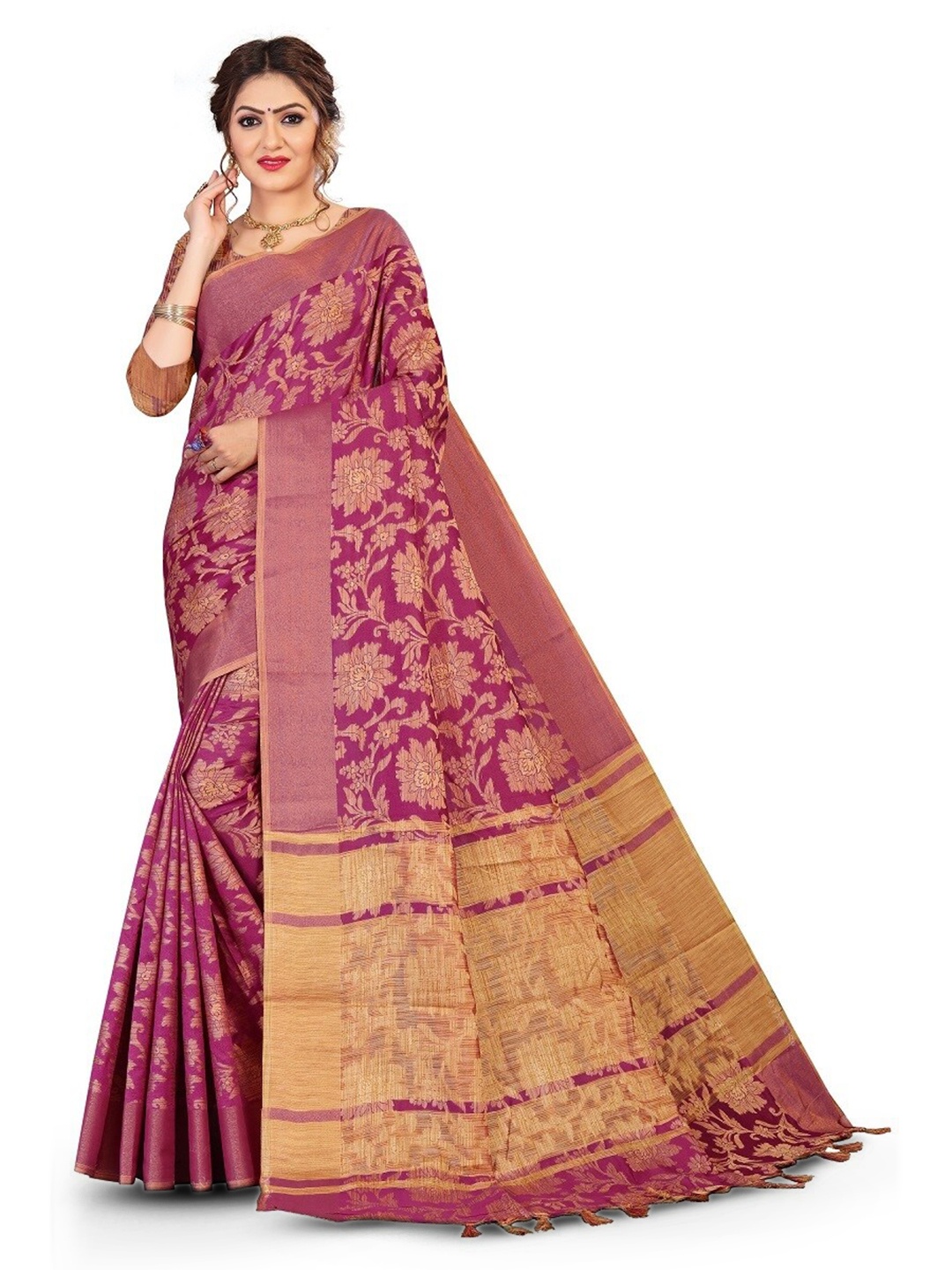 

MOLTIRA Ethnic Motifs Woven Design Zari Detail Pure Cotton Kanjeevaram Saree, Magenta