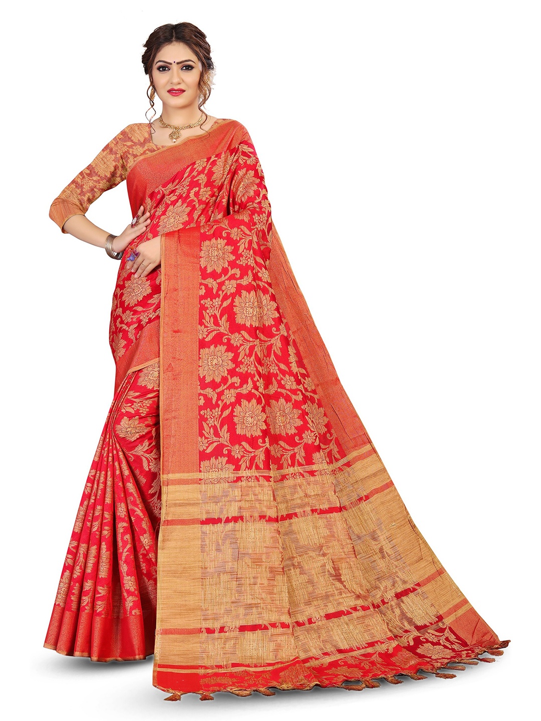 

MOLTIRA Floral Woven Design Zari Pure Cotton Kanjeevaram Saree, Red