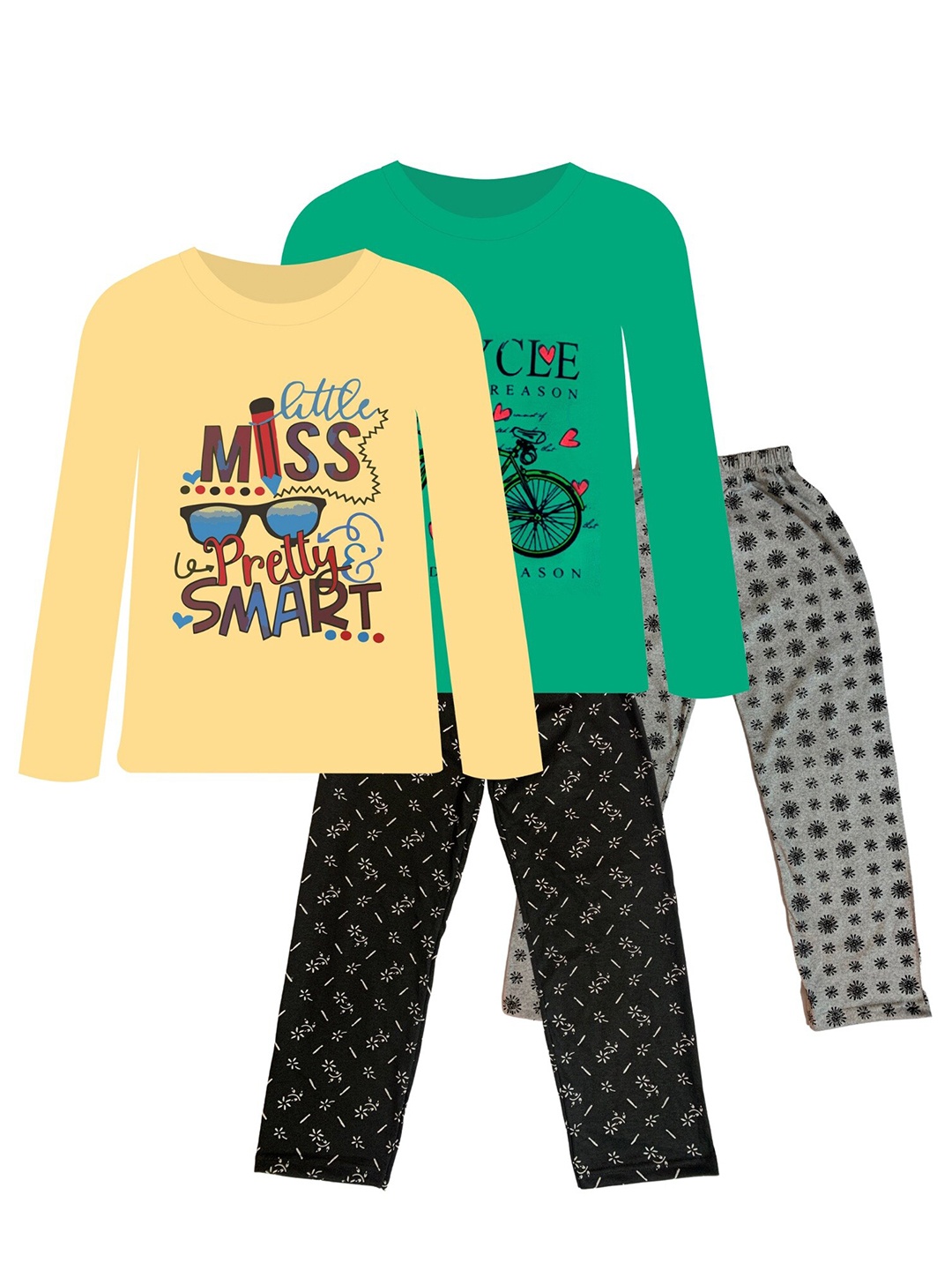 

CoolTees4U Girls Pack Of 2 Printed T-shirt With Pyjamas, Yellow