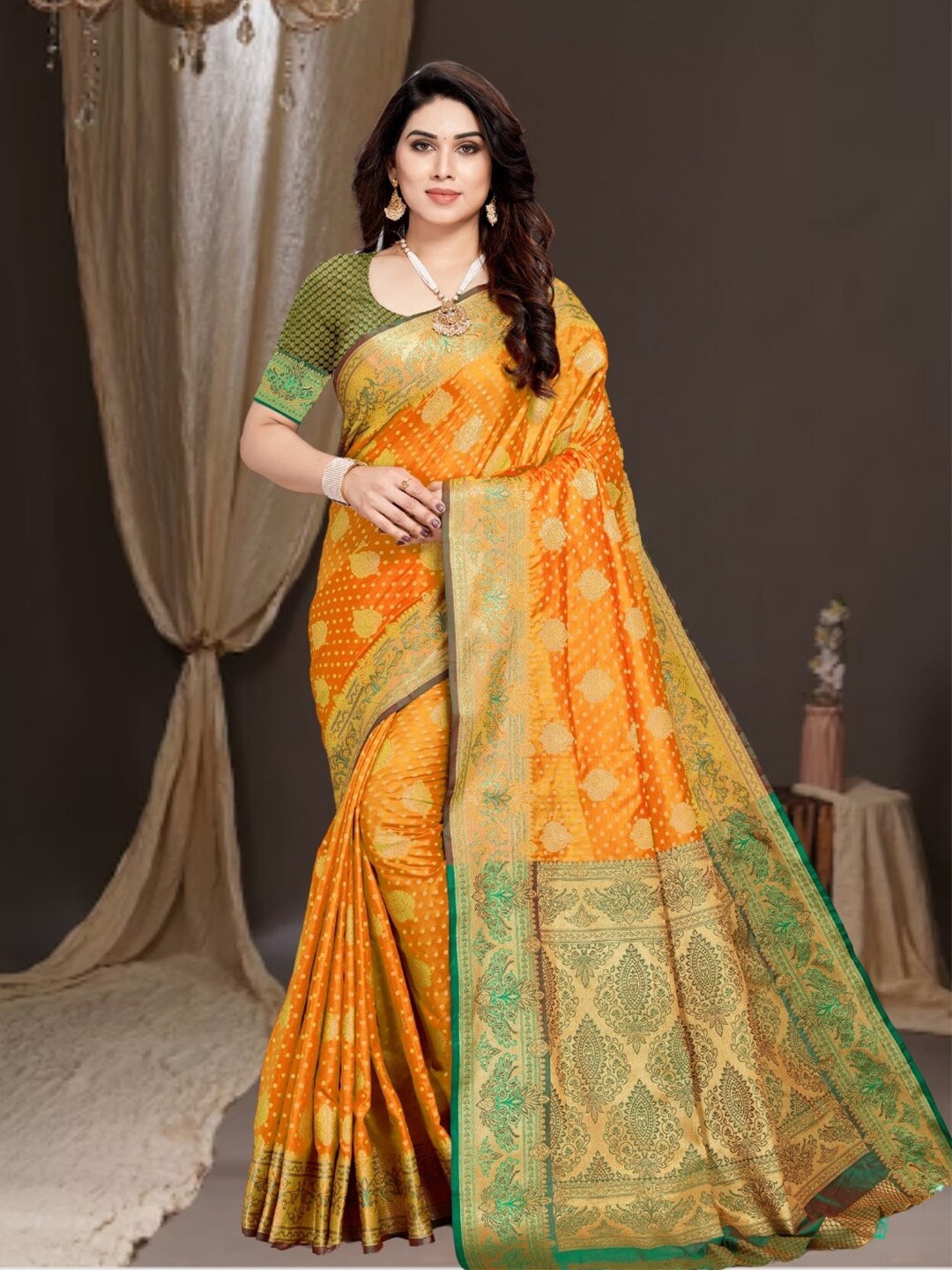 MAGMINA Ethnic Motifs Woven Design Zari Kanjeevaram Saree, Yellow